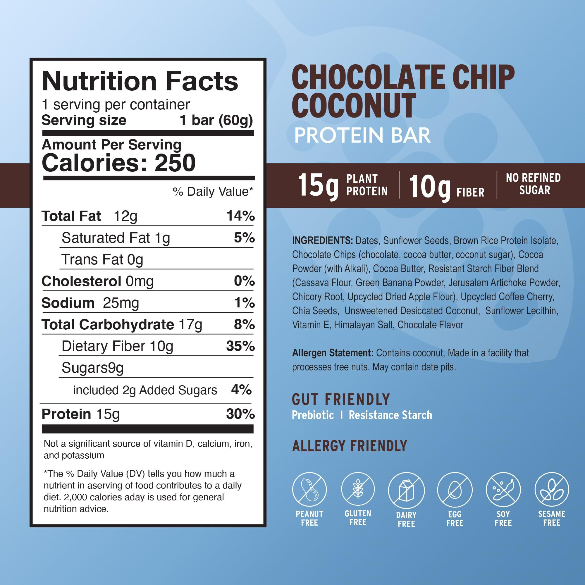 Amrita Chocolate Chip Coconut Vegan Protein Bars - Peanut/Dairy Free, Soy & Gluten Free -15G Plant Based Protein Bars, High Fiber Low Sugar Meal Replacement Bar, Breakfast Bars