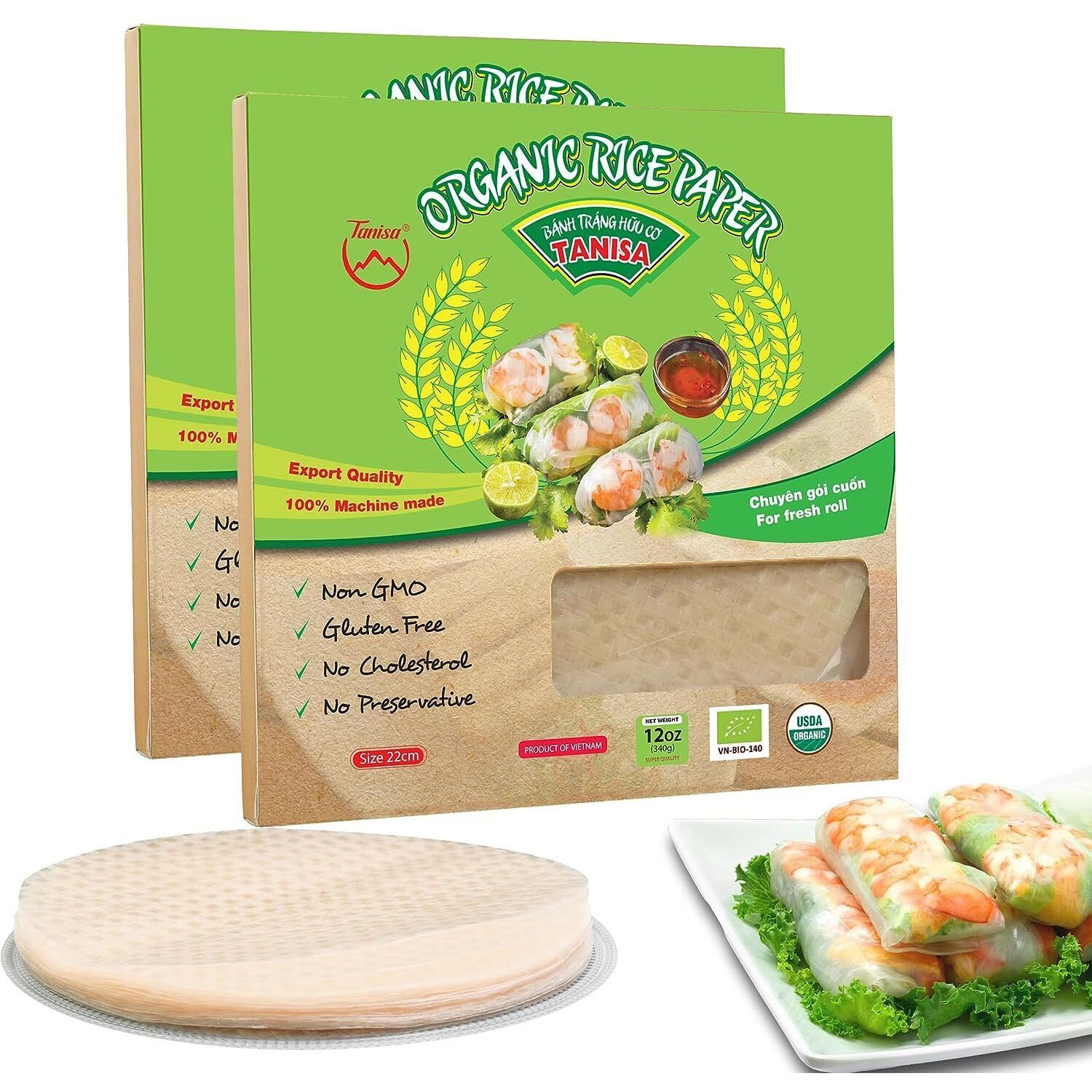 Tanisa 2 Packs, 76 Sheets Organic Spring Roll Rice Paper Wrapper For Fresh Roll (22Cm, Round, 12 Oz/Pack), Non Gmo, Gluten Free, Made In Vietnam, Banh Trang Goi Cuon