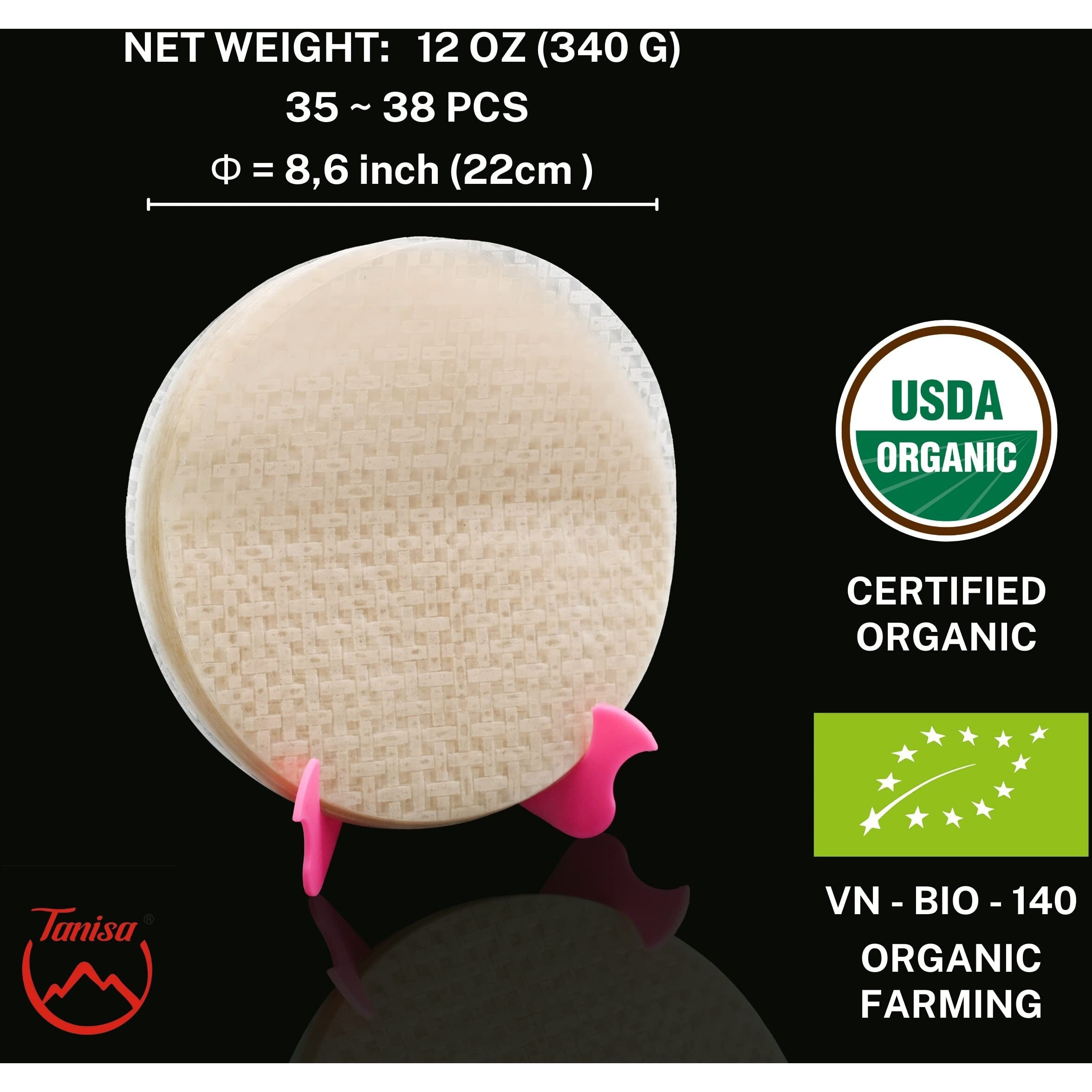 Tanisa 2 Packs, 76 Sheets Organic Spring Roll Rice Paper Wrapper For Fresh Roll (22Cm, Round, 12 Oz/Pack), Non Gmo, Gluten Free, Made In Vietnam, Banh Trang Goi Cuon