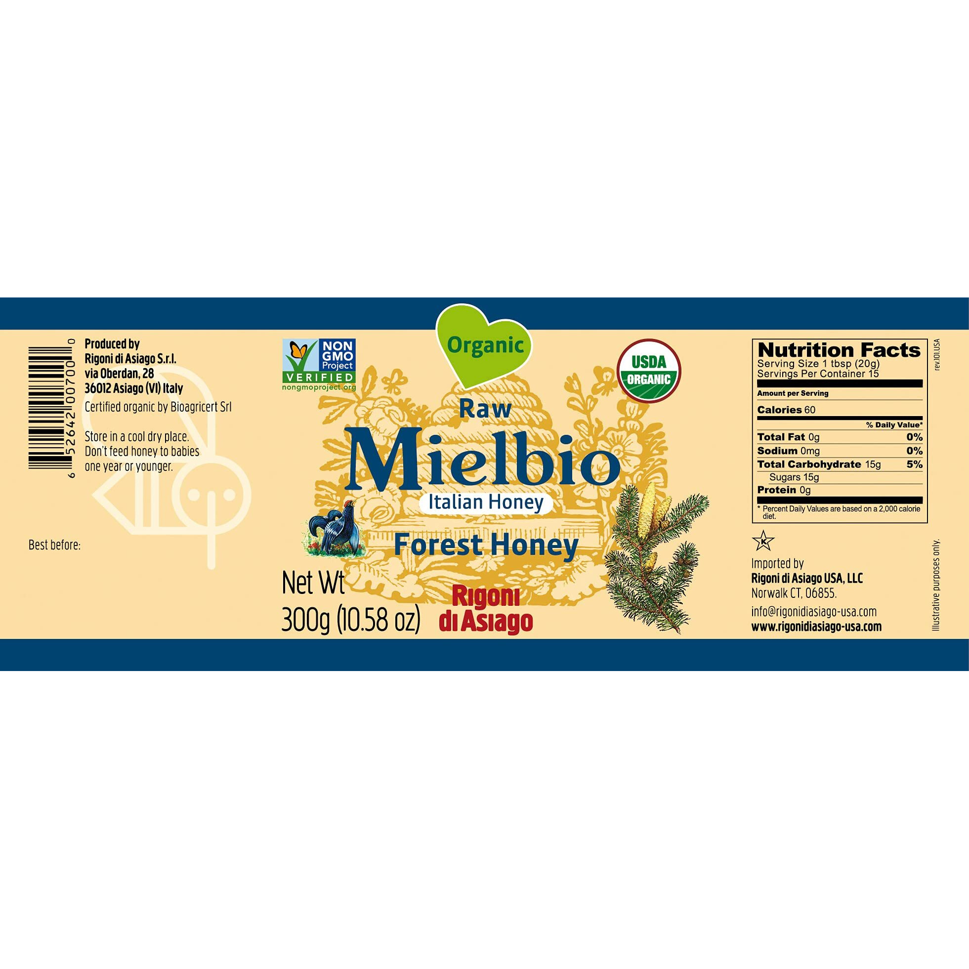 Rigoni Di Asiago Organic Italian Raw Mielbio Forest Raw Honey, 10.58 Oz (Pack Of 6)