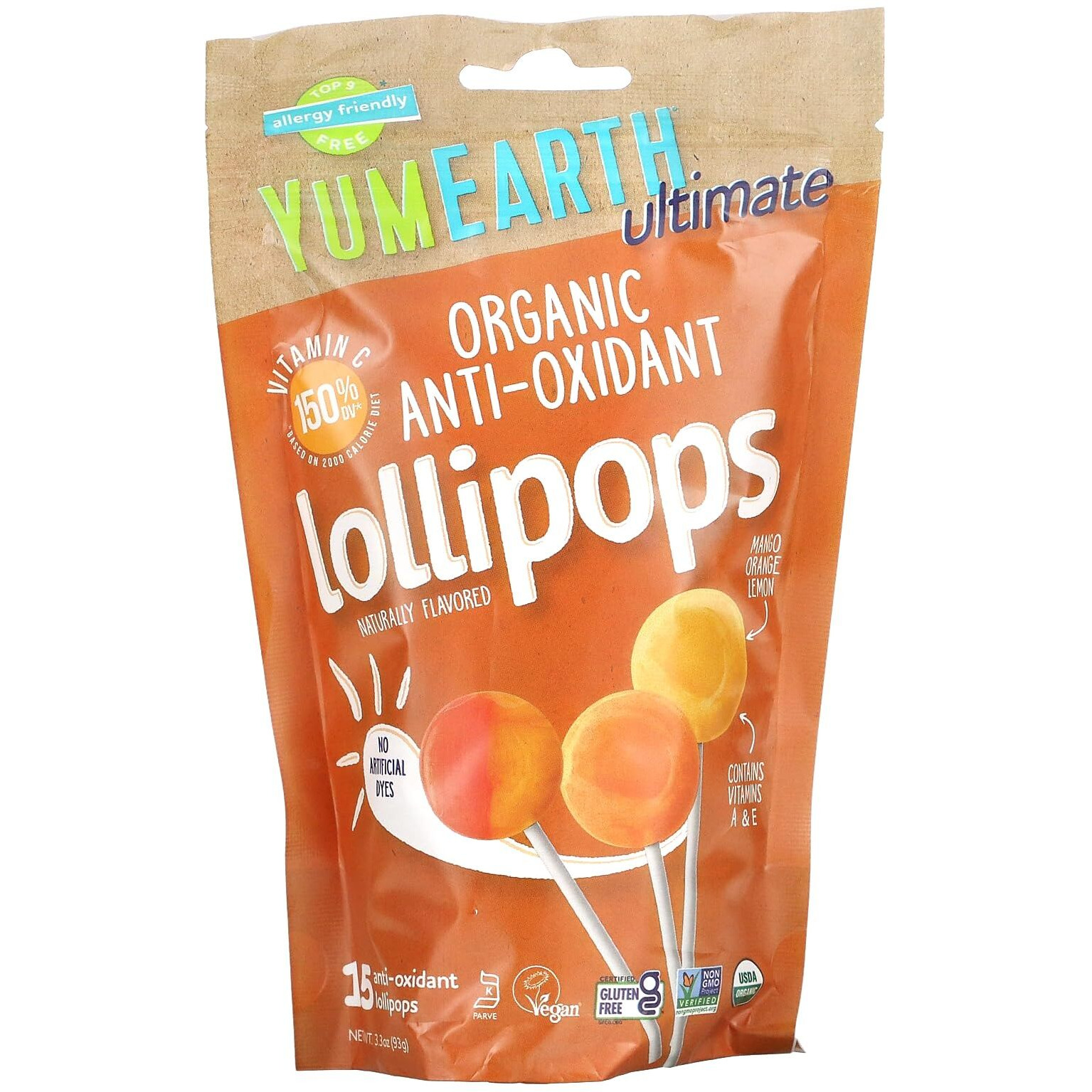 Yumearth Ultimate Organic Anti Oxidant Lollipops, 15 Count, Allergy Friendly, Gluten Free, Non-Gmo, Vegan, No Artificial Flavors Or Dyes