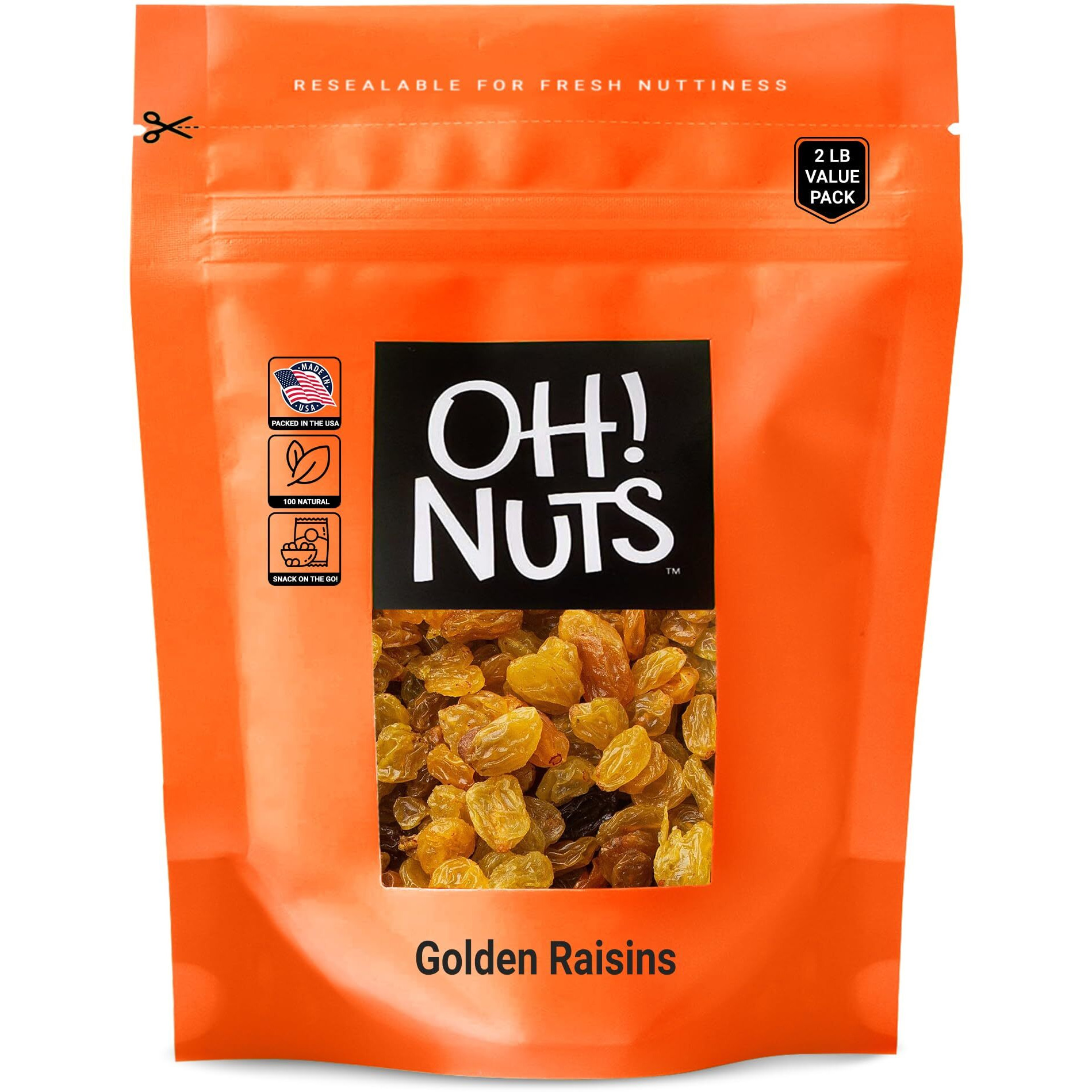 Golden Raisins | 2 Lb - Sun Dried Fruit | No Sugar Added | Dehydrated Fruit Bites | Packed In New York Zip-Seal Bag For Exceptional Freshness By Oh Nuts