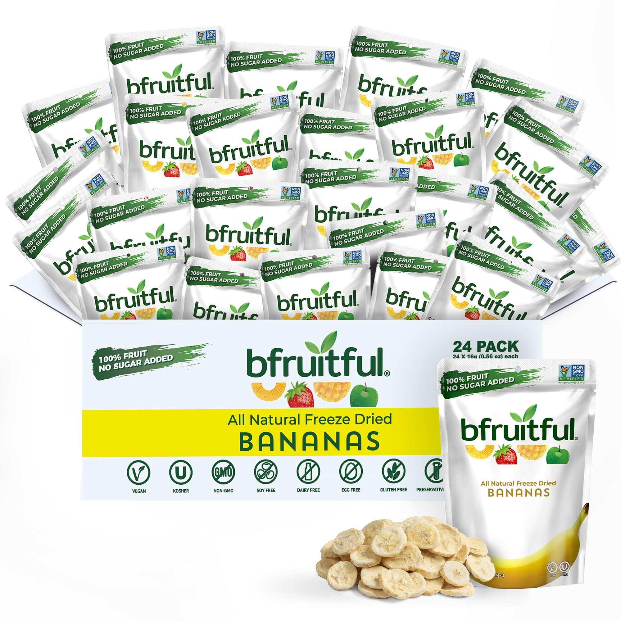 Bfruitful Freeze-Dried Banana, Freeze Dried Fresh Fruit Bites, Gluten Free, Vegan, Dairy Free, Kosher, No Sugar Added, Non Gmo, Healthy Snacks For Kids Or Adults, Single Snack Packs, 24 Pack