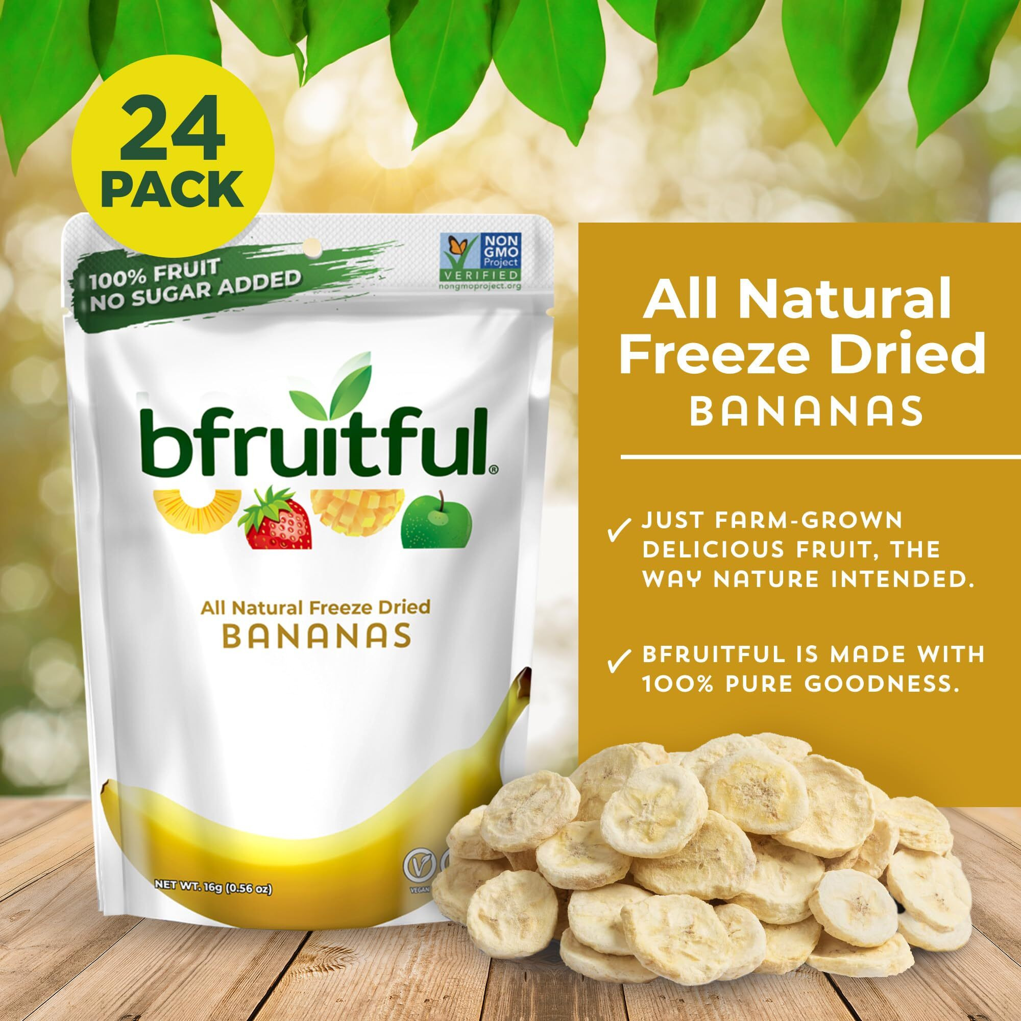Bfruitful Freeze-Dried Banana, Freeze Dried Fresh Fruit Bites, Gluten Free, Vegan, Dairy Free, Kosher, No Sugar Added, Non Gmo, Healthy Snacks For Kids Or Adults, Single Snack Packs, 24 Pack
