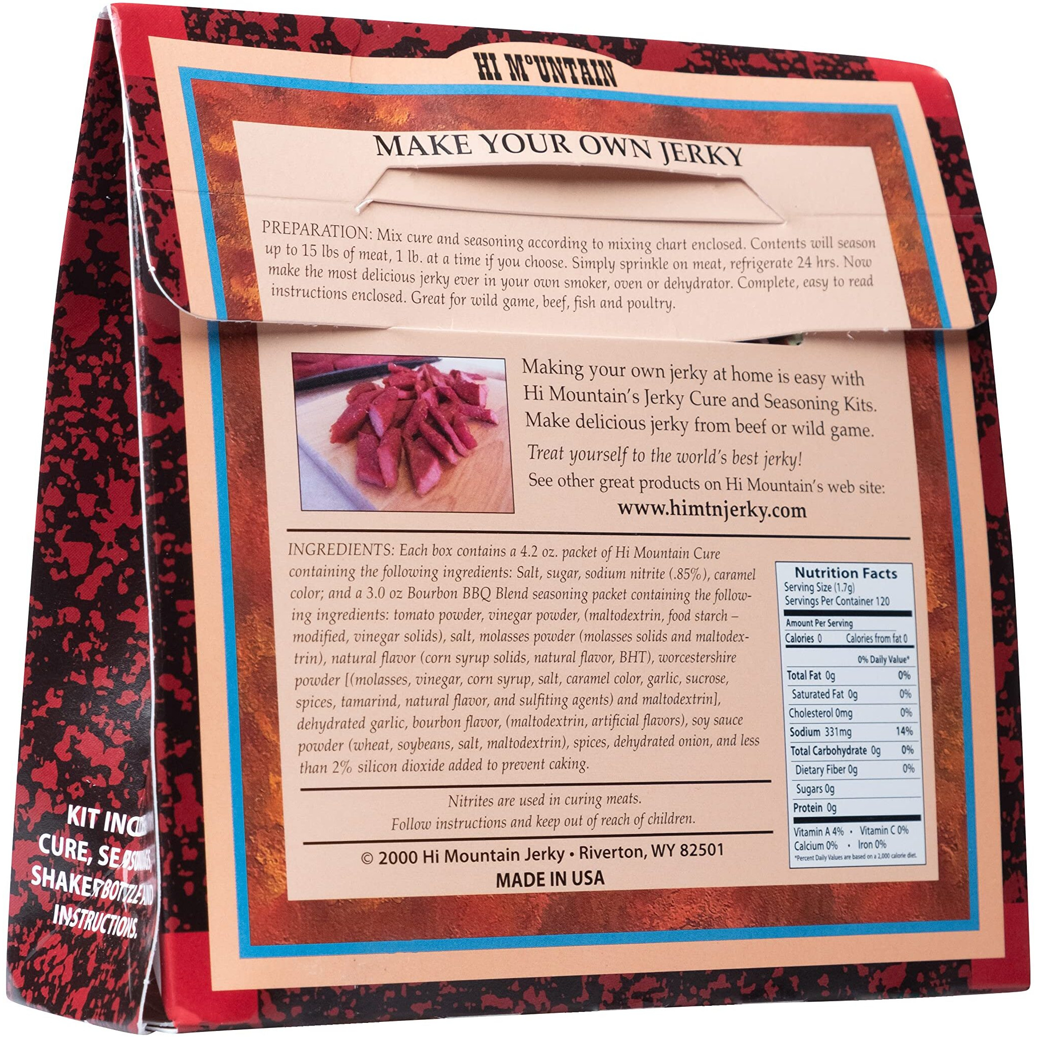 Hi Mountain Jerky Seasoning And Cure Kit | Bourbon Bbq Blend | Create Savory Homemade Beef Jerky | Great For Beef, Deer, Elk, & Venison | Mix Will Season Up To 15Lbs. Of Meat (1 Box)