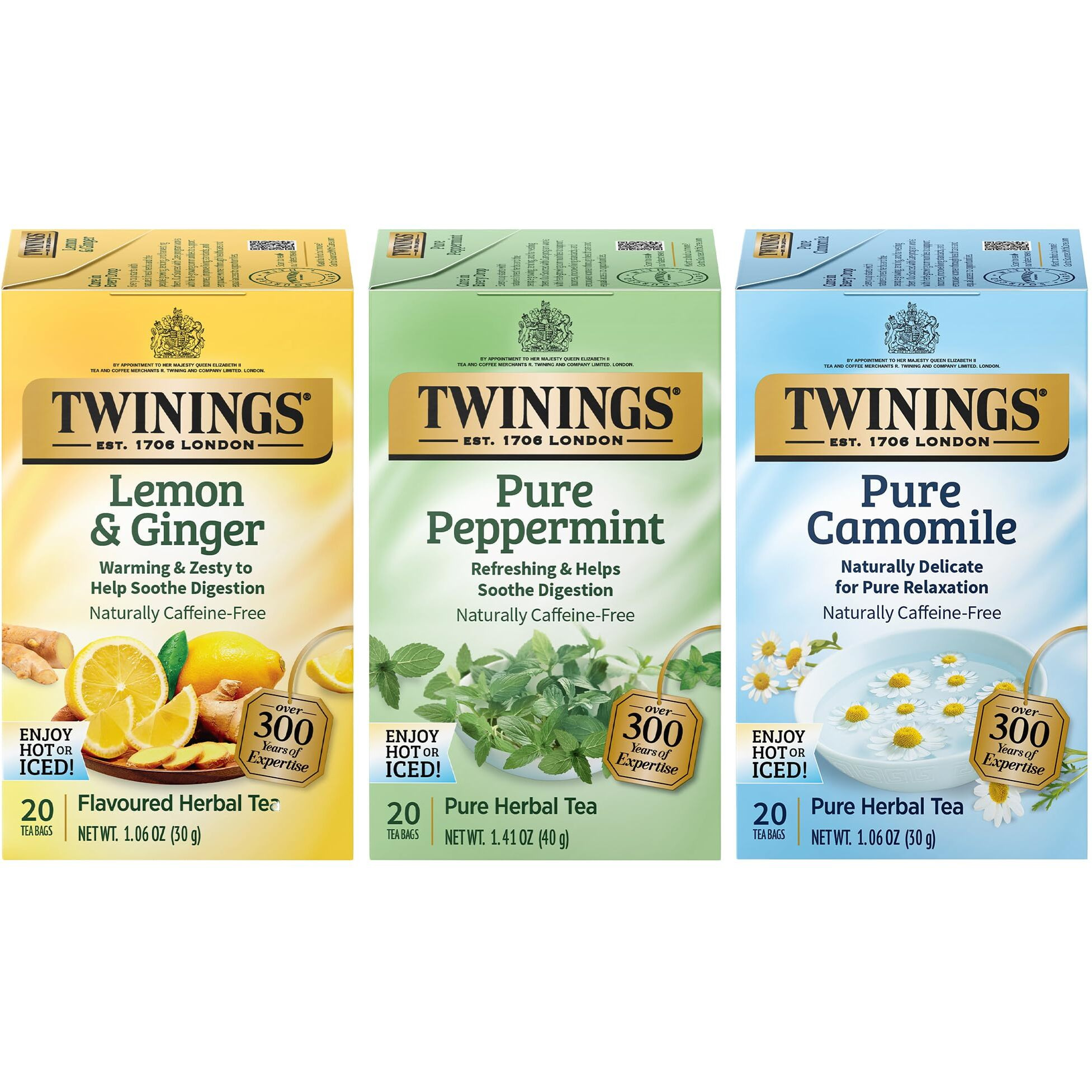 Twinings Herbal Tea Variety 3-Pack - Pure Peppermint, Pure Camomile + Lemon & Ginger Tea Bags, Naturally Caffeine-Free, 20 Count Each