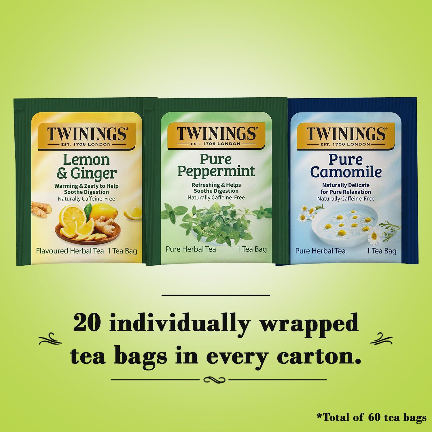 Twinings Herbal Tea Variety 3-Pack - Pure Peppermint, Pure Camomile + Lemon & Ginger Tea Bags, Naturally Caffeine-Free, 20 Count Each