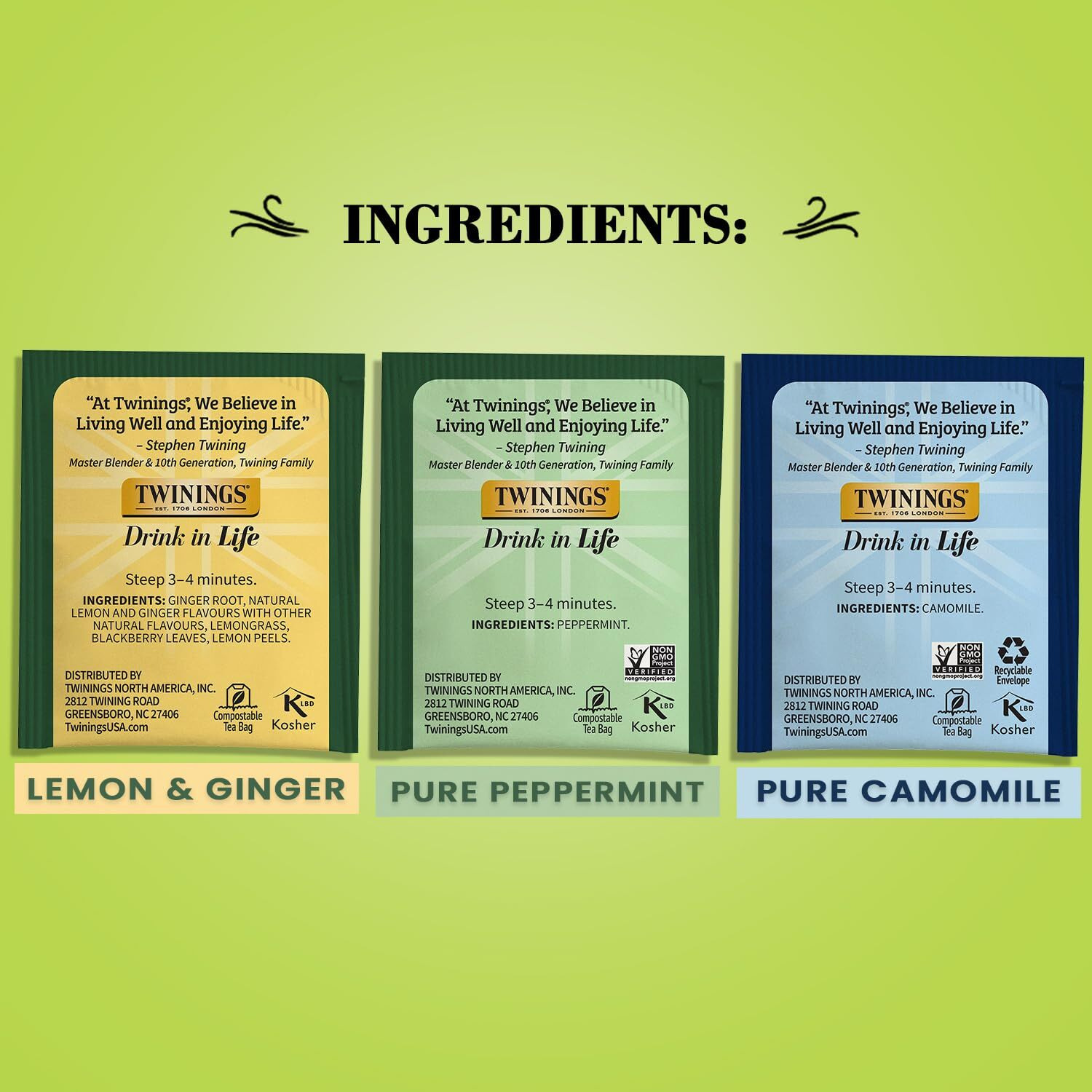 Twinings Herbal Tea Variety 3-Pack - Pure Peppermint, Pure Camomile + Lemon & Ginger Tea Bags, Naturally Caffeine-Free, 20 Count Each
