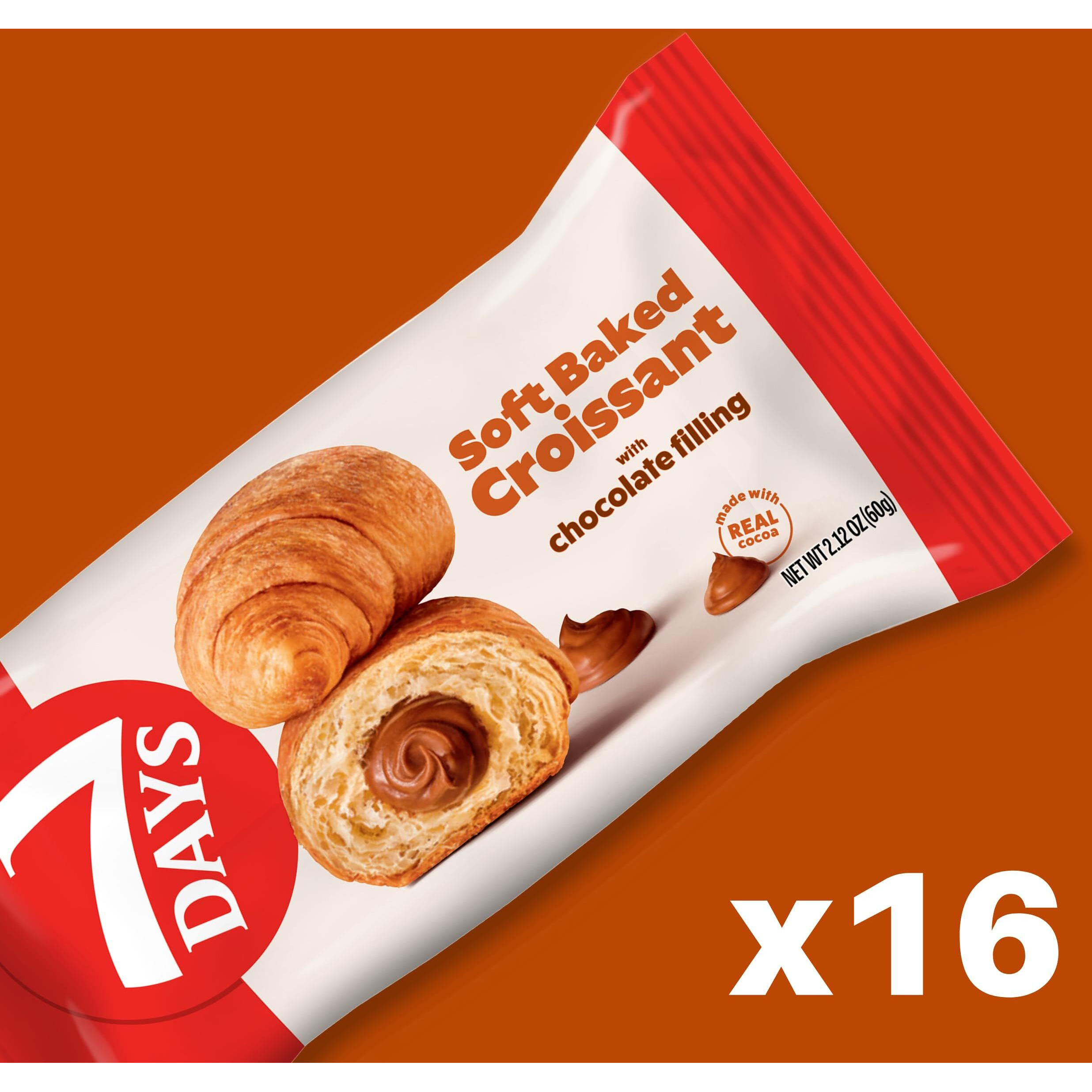 7Days Soft Croissant Multipacks (16 Pack), Chocolate, 4 Boxes, Non-Gmo Breakfast Pastry (2.12Oz, Pack Of 16)