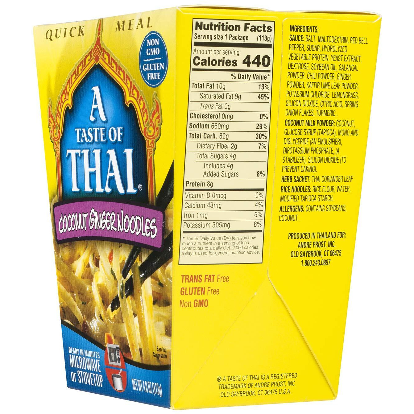 A Taste Of Thai Coconut Ginger Noodles - 4Oz Pack Of 6 Heat & Eat Instant Noodles Flavored With Classic Thai Spices | Gluten-Free | Ideal Vegan Meal | Perfect Side For Chicken Fish & Meat Entrees