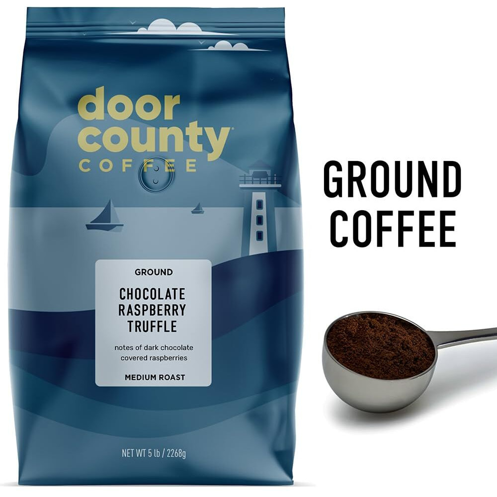 Door County Coffee Chocolate Raspberry Truffle Flavored Coffee Ground | 5Lb Bag | Medium Roast | 100% Specialty Arabica Coffee | Gourmet Coffee | Dark Chocolate Covered Raspberry Flavored Coffee