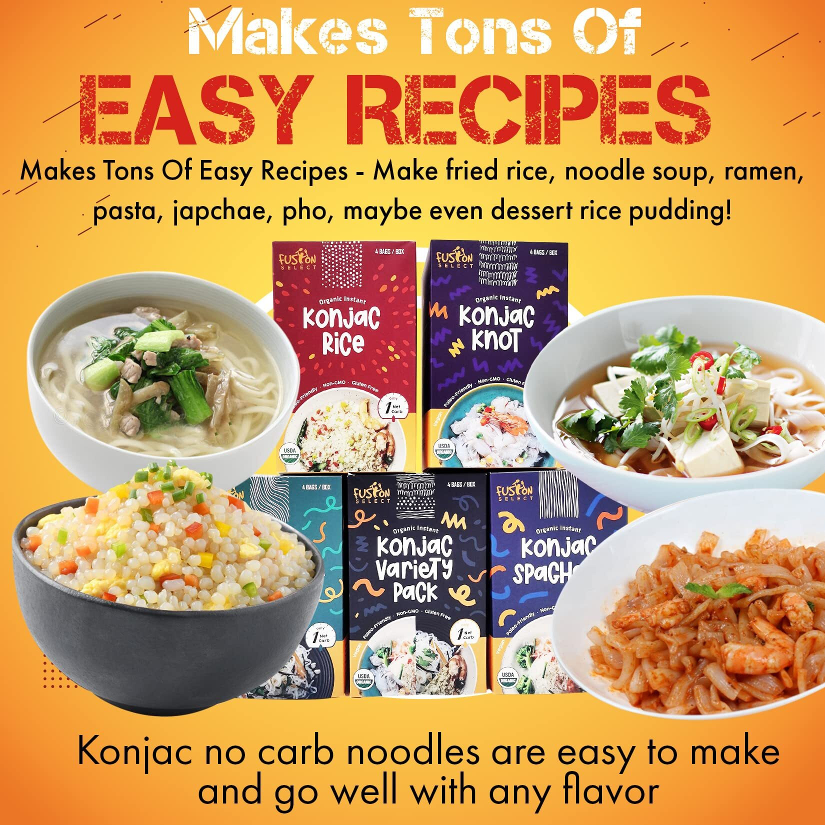 Fusion Select Organic Konjac Noodles - Shirataki Rice, Angel Hair, Spaghetti, Knots, Spaghetti - Healthy Diet Pasta - Rich In Fiber - Vegan, Keto, Paleo-Friendly, Zero Gluten, Low-Carb & Low-Calorie