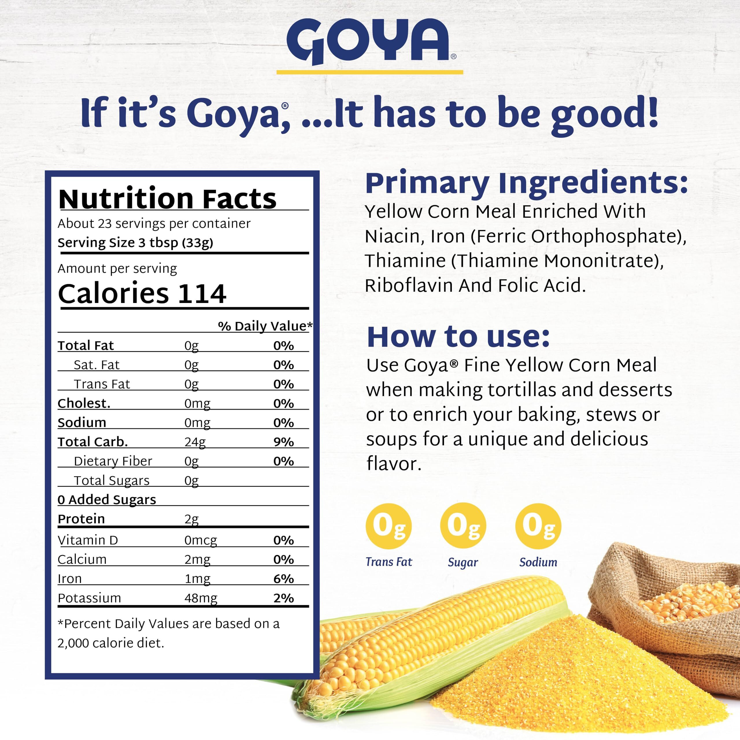 Yellow Cornmeal By Goya, Gluten Free Cornmeal, Harina De Maiz, Fine Ground Corn Flour For Cornbread, Cornmeal Porridge, And More, 24Oz. Bag