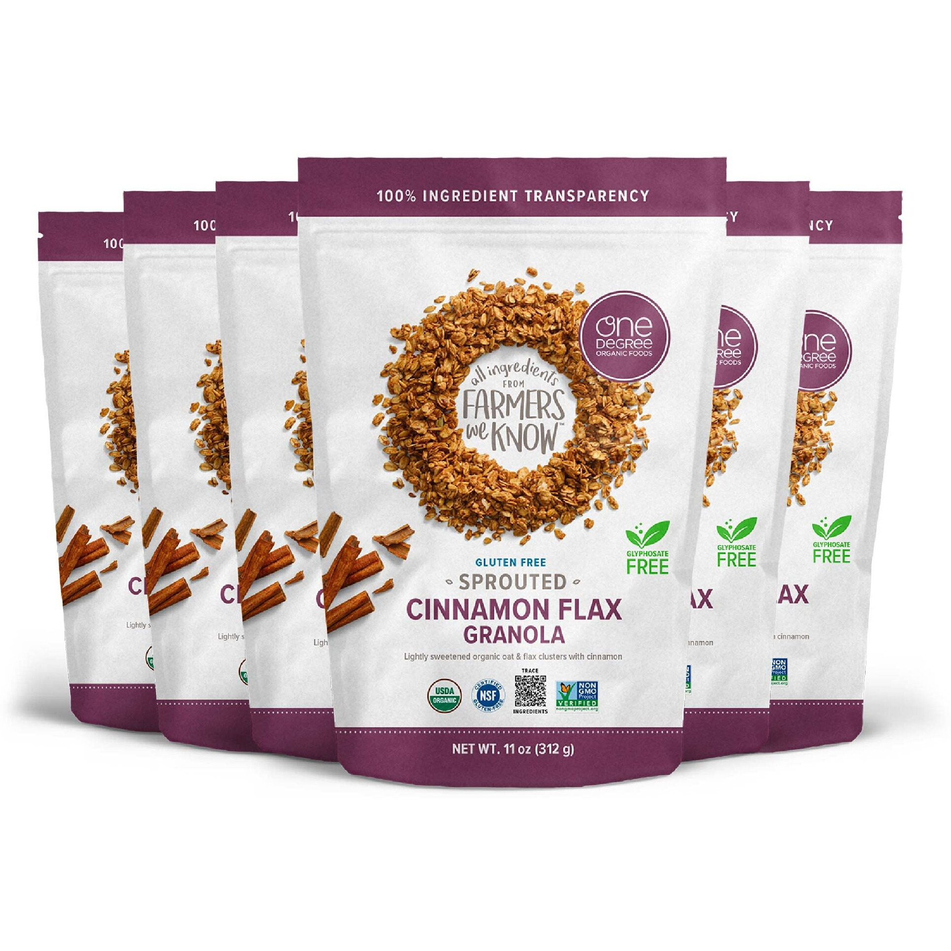 One Degree Organic Foods Sprouted Oat Cinnamon Flax Gluten Free Granola - Usda Organic, Vegan (11 Oz. - 6 Pack)