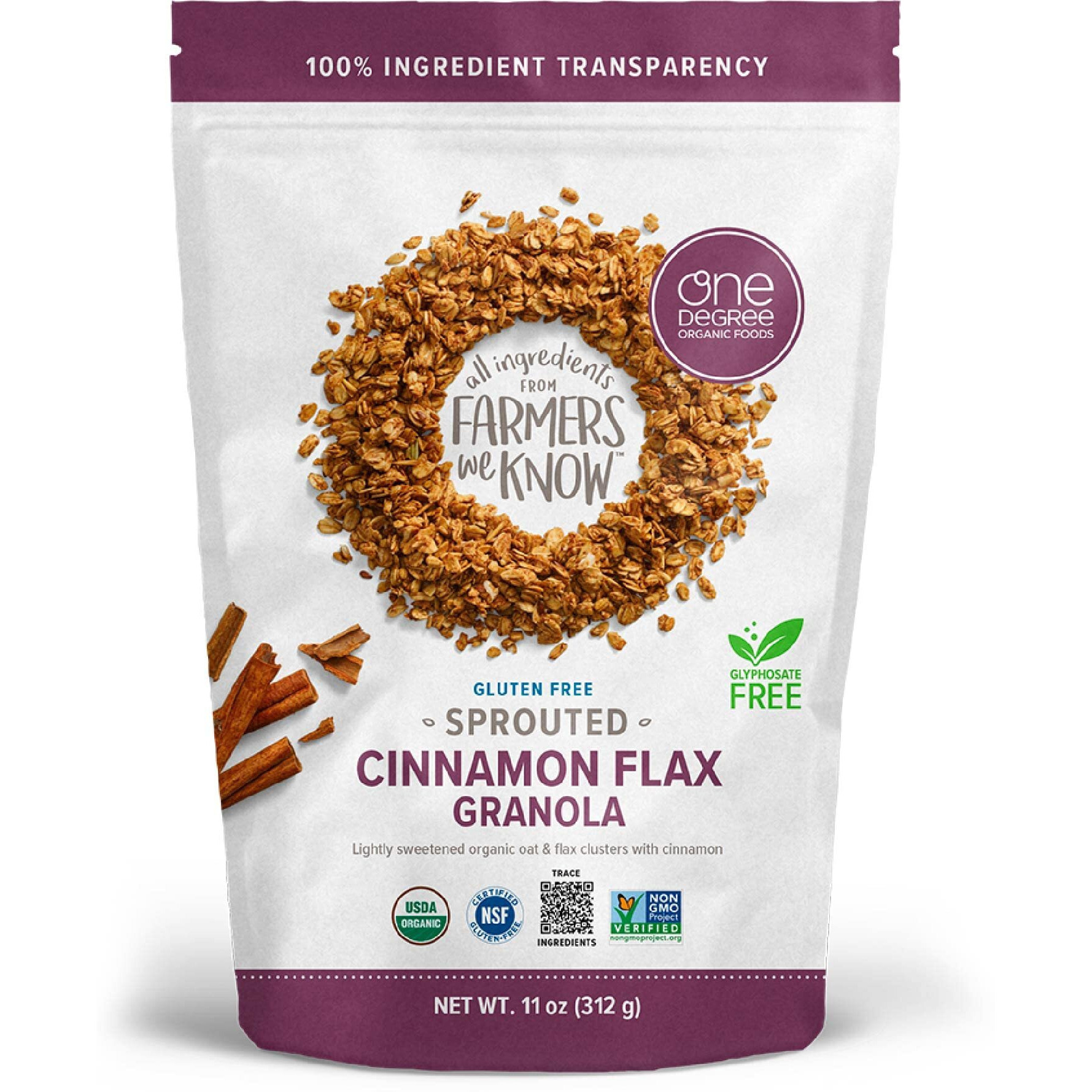 One Degree Organic Foods Sprouted Oat Cinnamon Flax Gluten Free Granola - Usda Organic, Vegan (11 Oz. - 6 Pack)