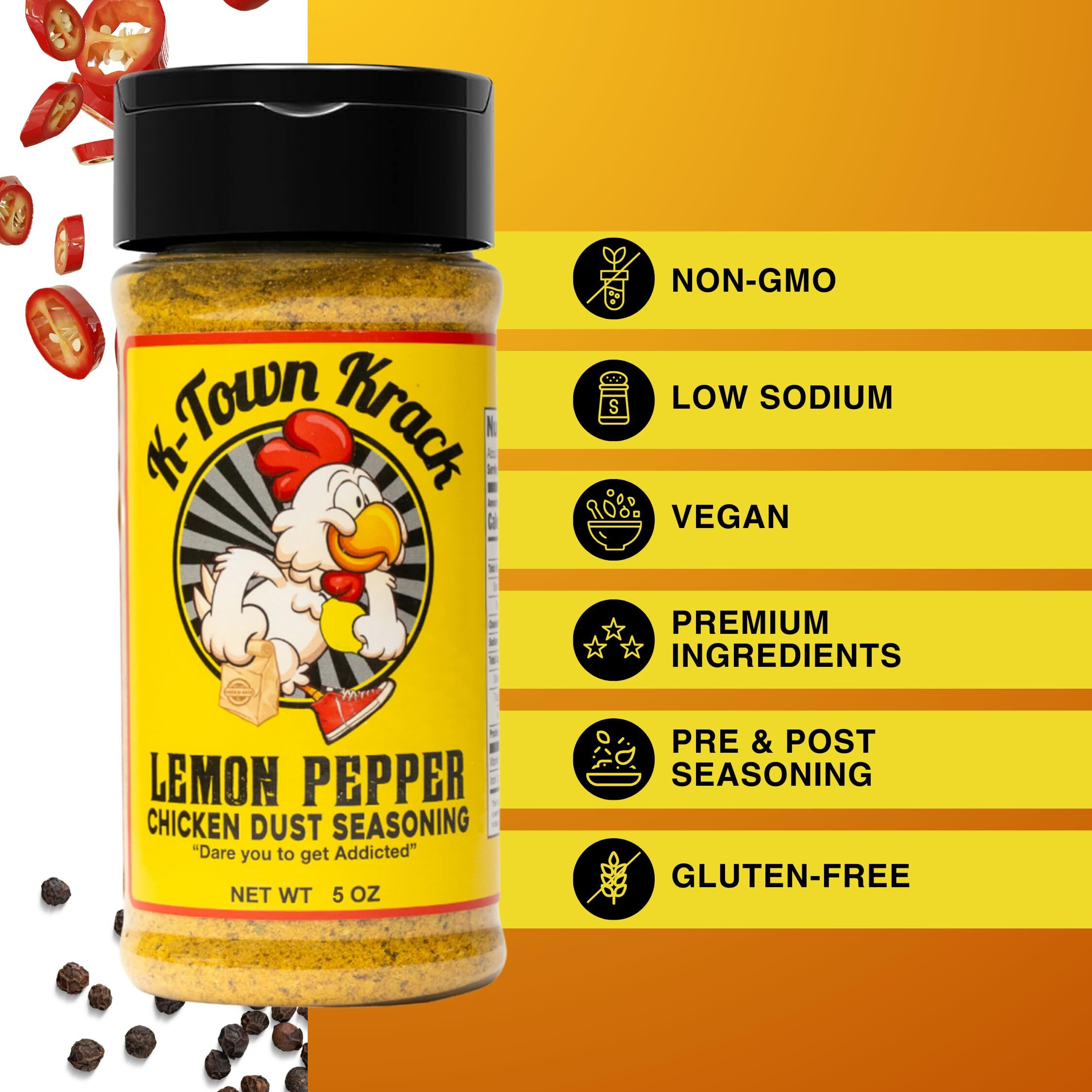 K-Town Krack- Lemon Pepper Chicken Dust Seasoning - Lemon Pepper Seasoning, Bbq Rub Seasoning For Chicken, Beef, Pork, Fish- Chicken Seasoning, Lemon Pepper Powder Wing Rub, Spice Rub, Wing Seasoning 5Oz