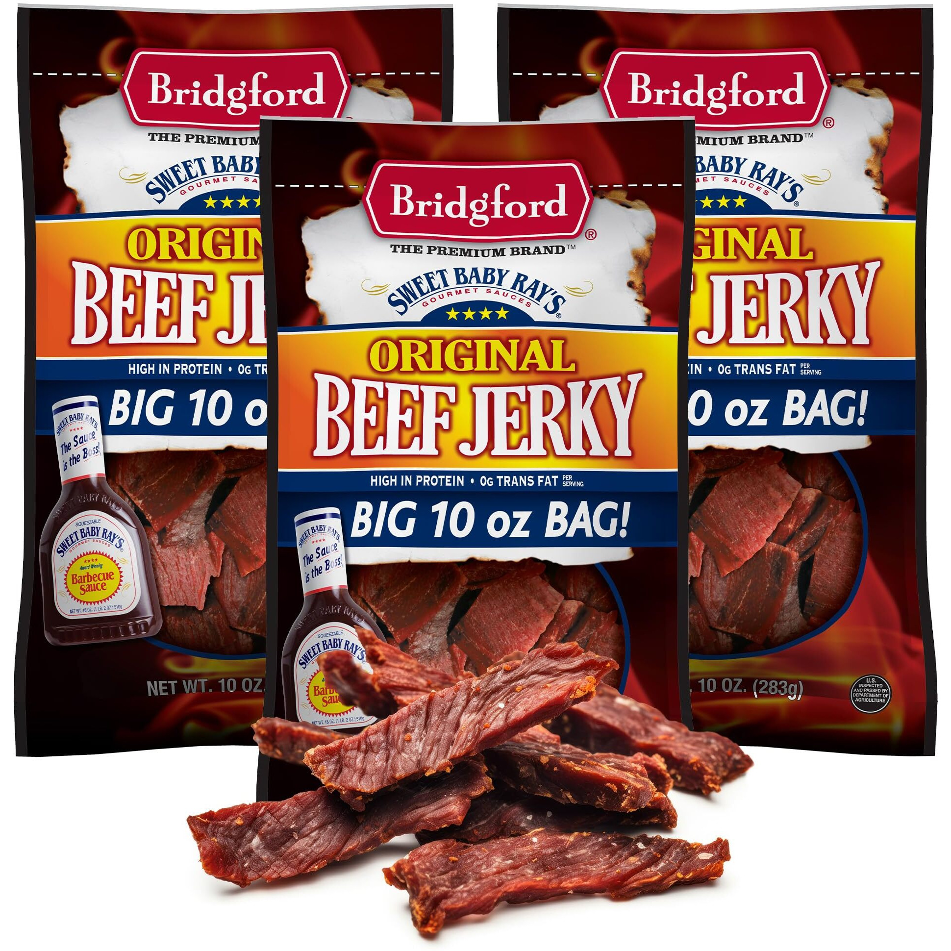 Bridgford Sweet Baby Rays Beef Jerky Original 10 Oz Pack Of 3 - Healthy Beef Jerky For Your Dietary Preferences - Ready-To-Eat High Protein Beef Jerky For On-The-Go Snacking And Busy Lifestyles