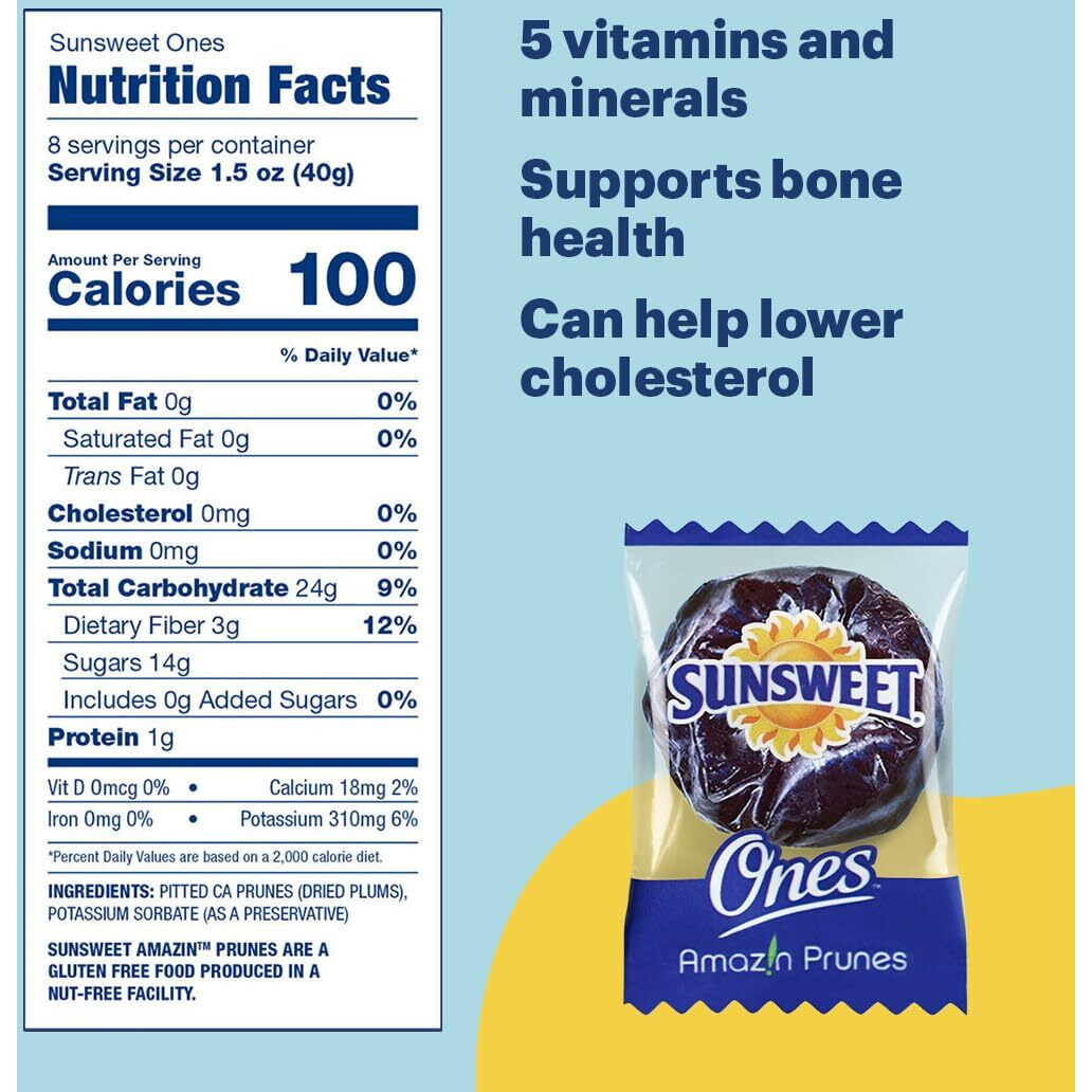 Sunsweet Amazin' Prunes Ones - Prunes Pitted Unsweetened & Dried - Gluten Free, Vegan, Low Fat - Fiber & Minerals - 12 Oz Pouch - 8 Pack