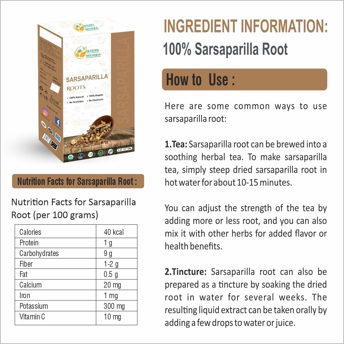Herbs Botanica Organic Sarsaparilla Root/Sasperella Root For Herbal Tea Hemidesmus Indicus Sasparilla Natural Blood Purifierskin Health, Immunity, And Joint Support 8 Oz / 1/2 Lb