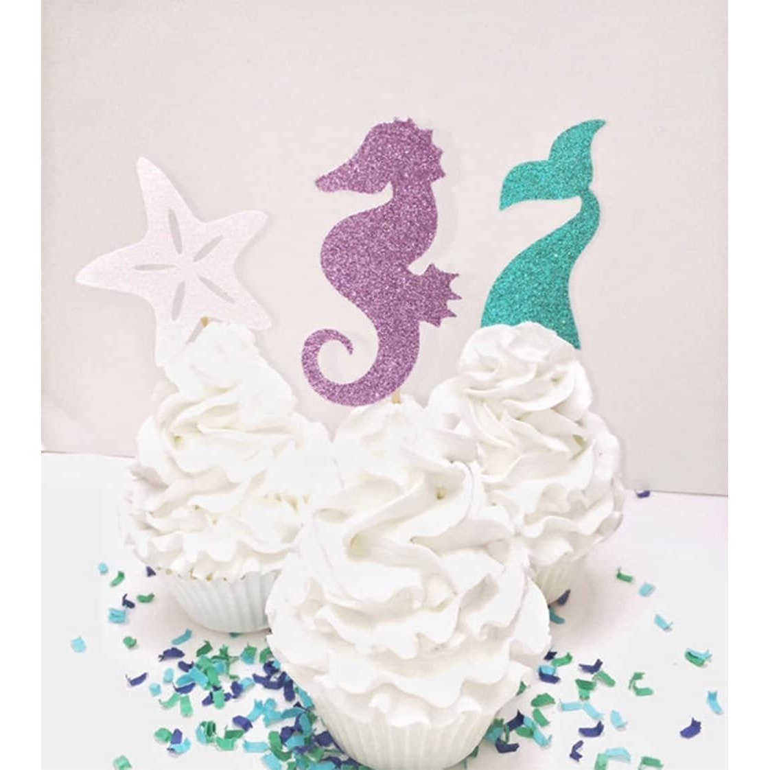 24 Pieces Mermaid Theme Glitter Cupcake Topper Cake Picks Decoration For Baby Shower Birthday Party Favors, Mermaid Tail, Seahorse And Starfish Food Picks (Mermaid)