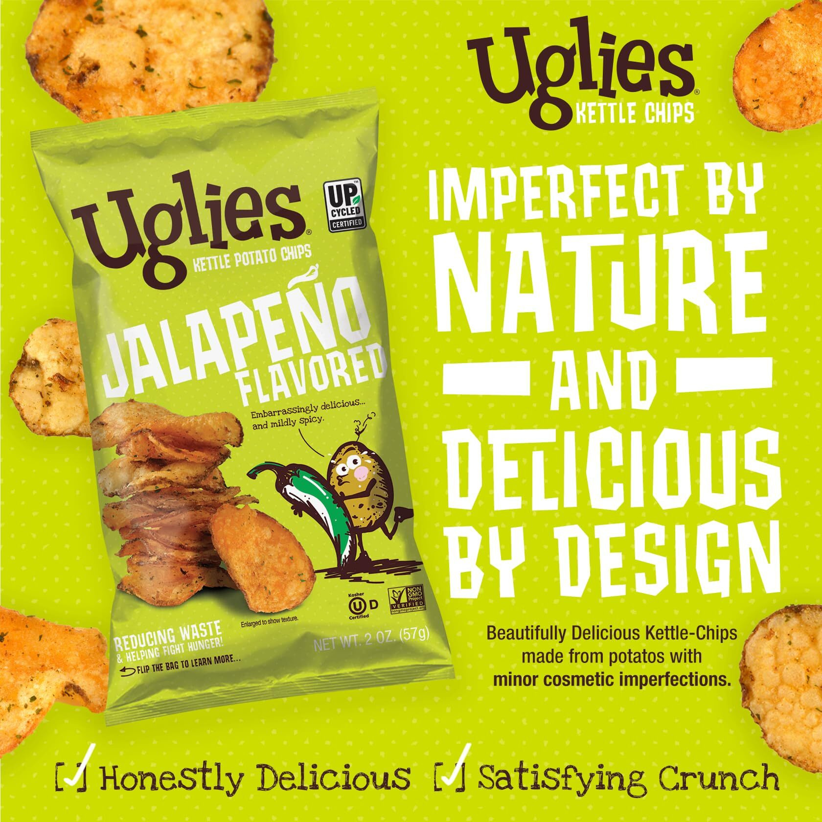 Uglies Jalapeno Kettle-Cooked Potato Chips, Gluten-Free Snacks, Kosher-Friendly Chips, Non-Gmo Snacks For Kids Or Office, Lunch Snacks, Individual Snack Pack, 2 Oz. Each, Pack Of 24