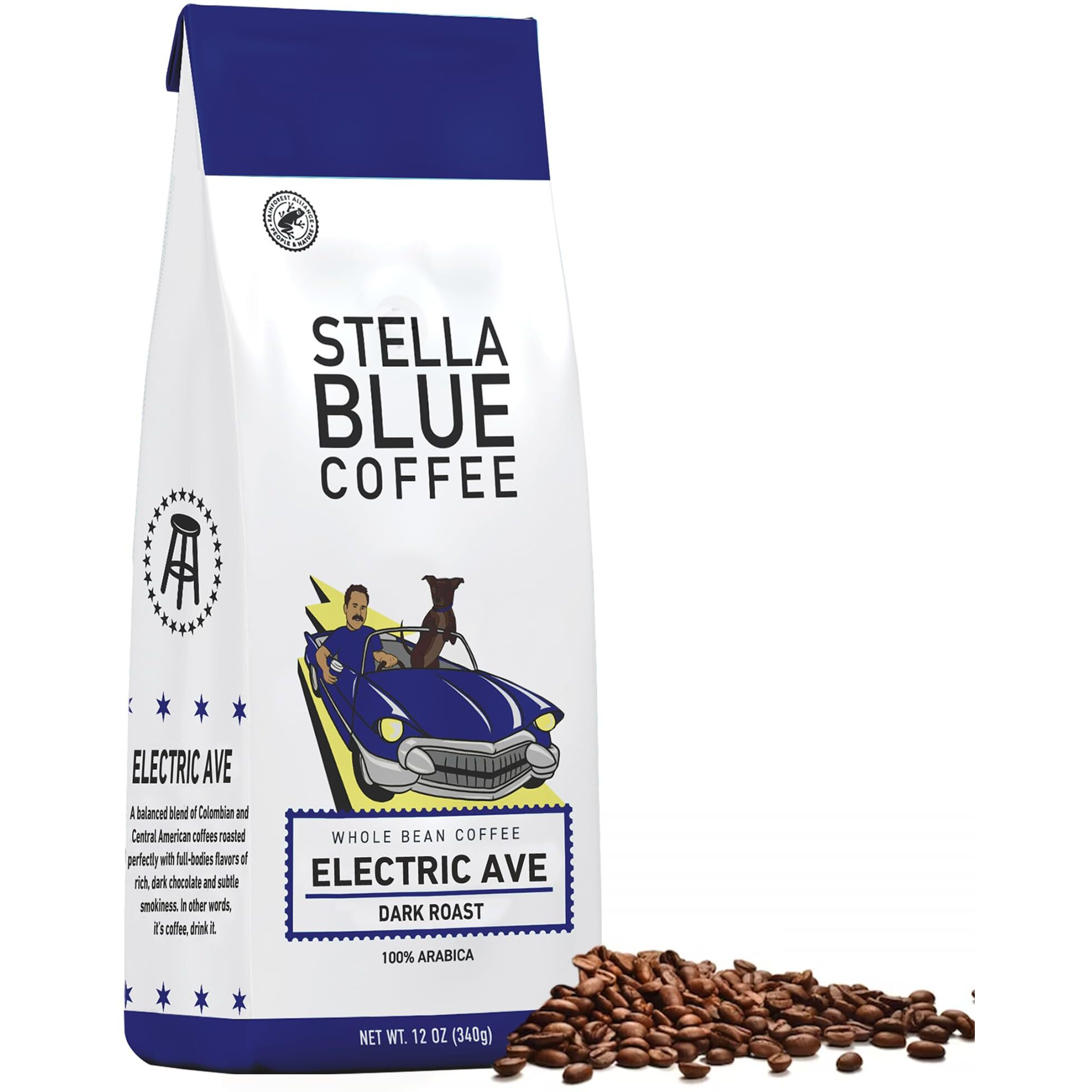 Stella Blue Fresh Whole Bean Coffee - Electric Avenue Blend - 100% Arabica Dark Roast - Ethically & Sustainably Sourced From Central America - Helps Support Paws Chicago - 12 Ounce Bag