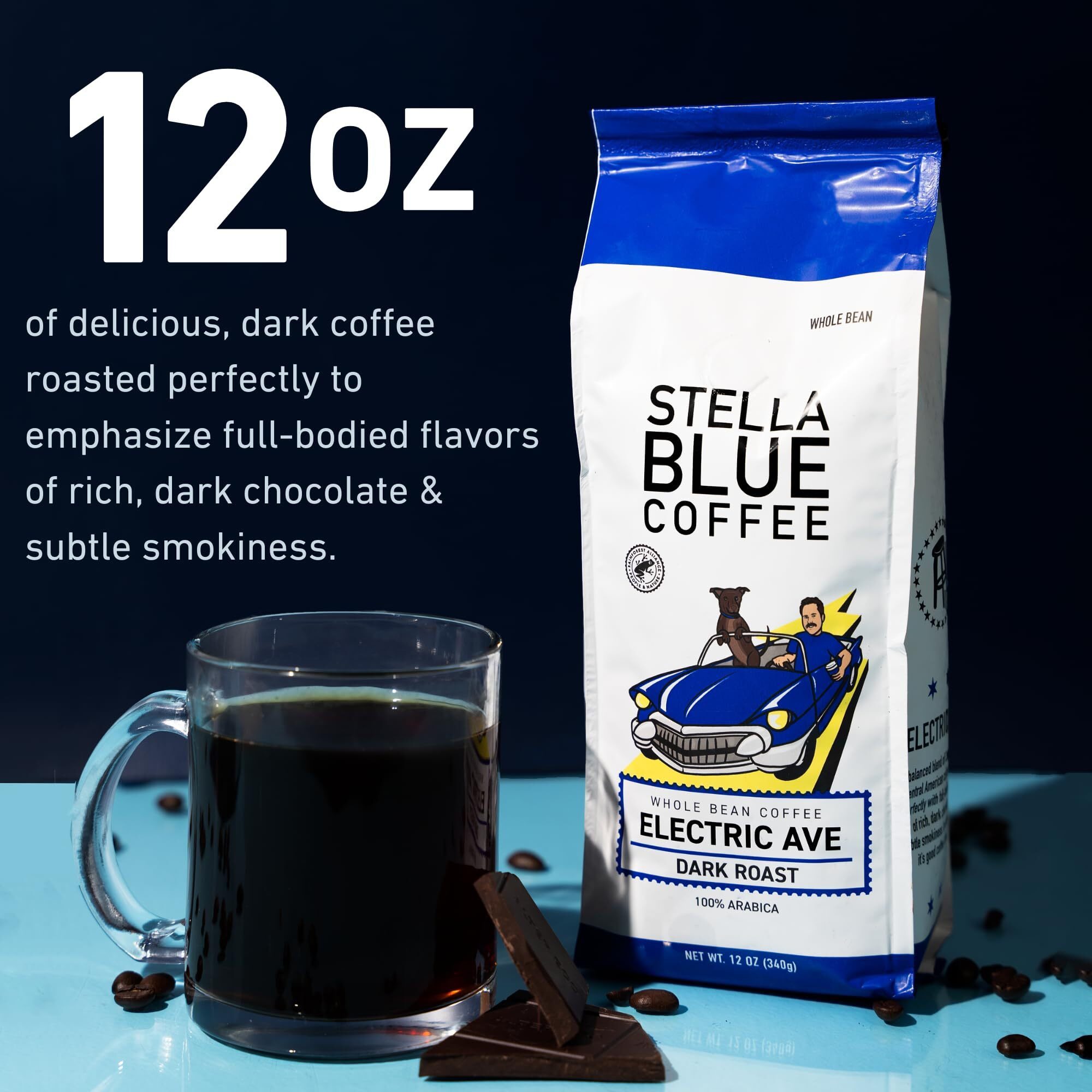 Stella Blue Fresh Whole Bean Coffee - Electric Avenue Blend - 100% Arabica Dark Roast - Ethically & Sustainably Sourced From Central America - Helps Support Paws Chicago - 12 Ounce Bag