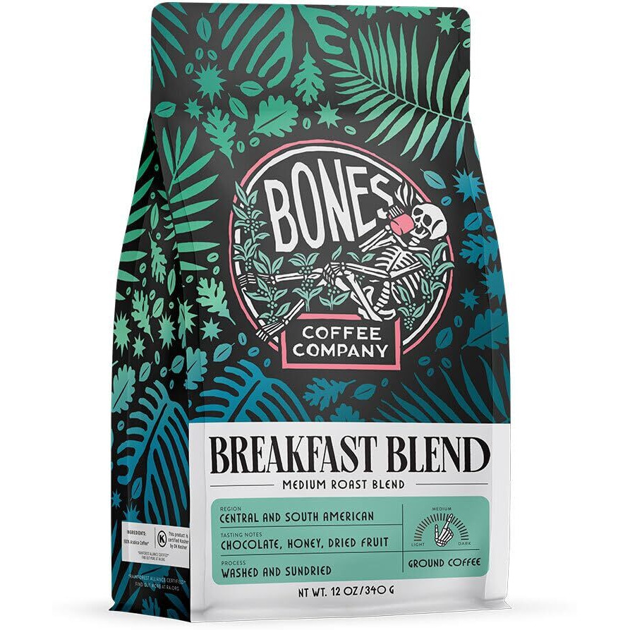 Bones Coffee Company Breakfast Blend Whole Coffee Beans, Low Acid Flavored Coffee, Made With Arabica Coffee Beans, Medium Roast Gourmet Coffee, Coffee Lover Gift Ideas (12 Oz)
