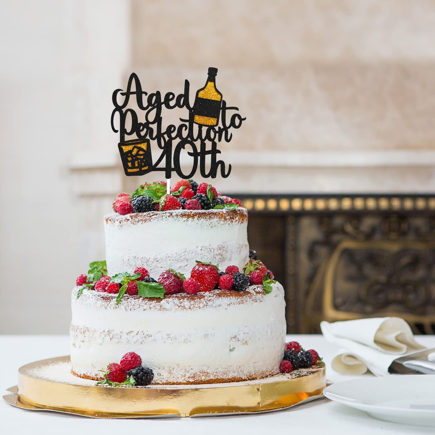 Aged To Perfection 40Th Birthday Cake Topper - Whiskey 40Th Birthday Black Glitter Cake Topper - Vintage 1983 Happy 40Th Birthday Party Cake Decoration