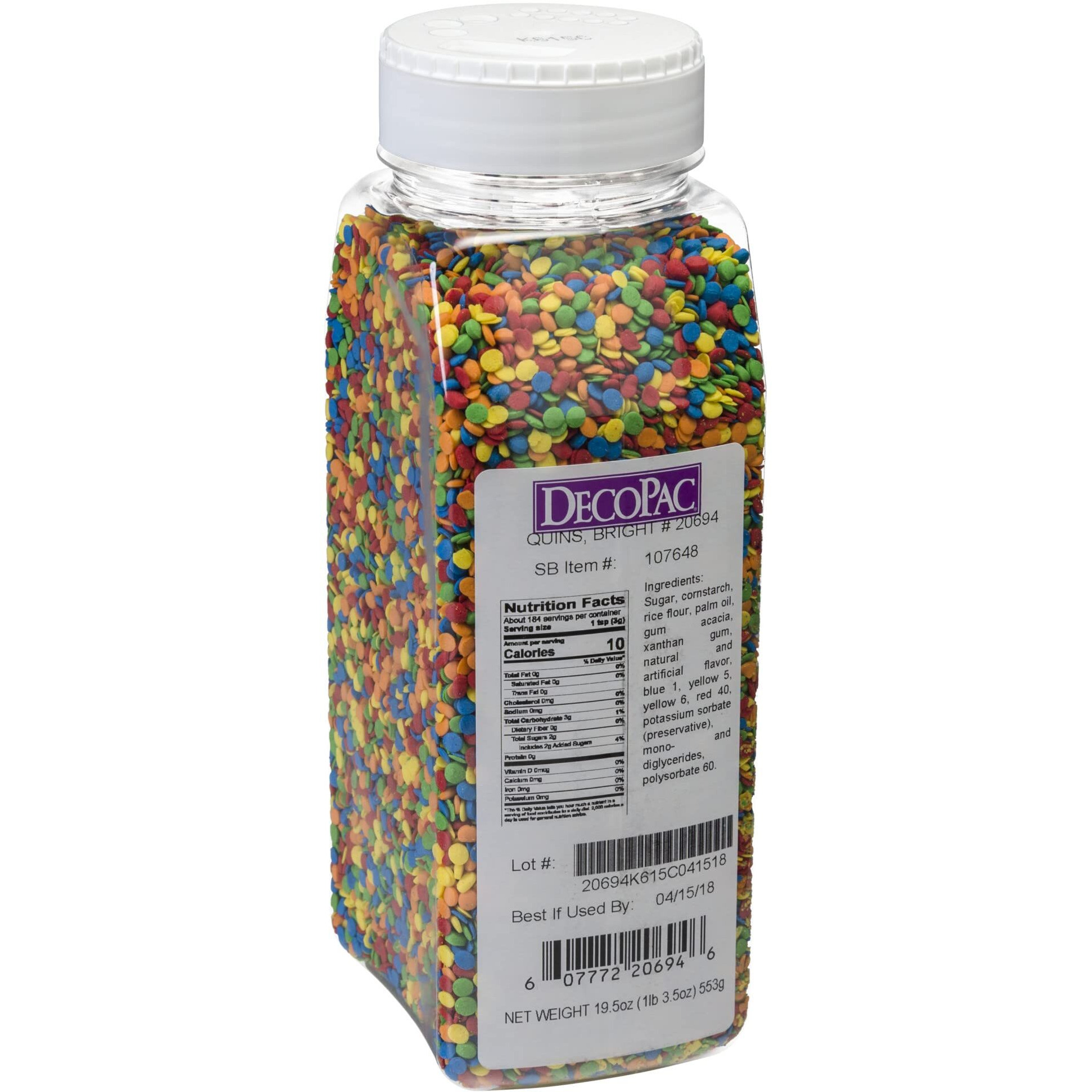 Decopac Quins Fancy Sprinkles, 19.5Oz, Candy Sprinkles In Handheld Container, Edible Sprinkles For Celebration Cakes, Cupcakes, Cookies - Bright Confetti Quins