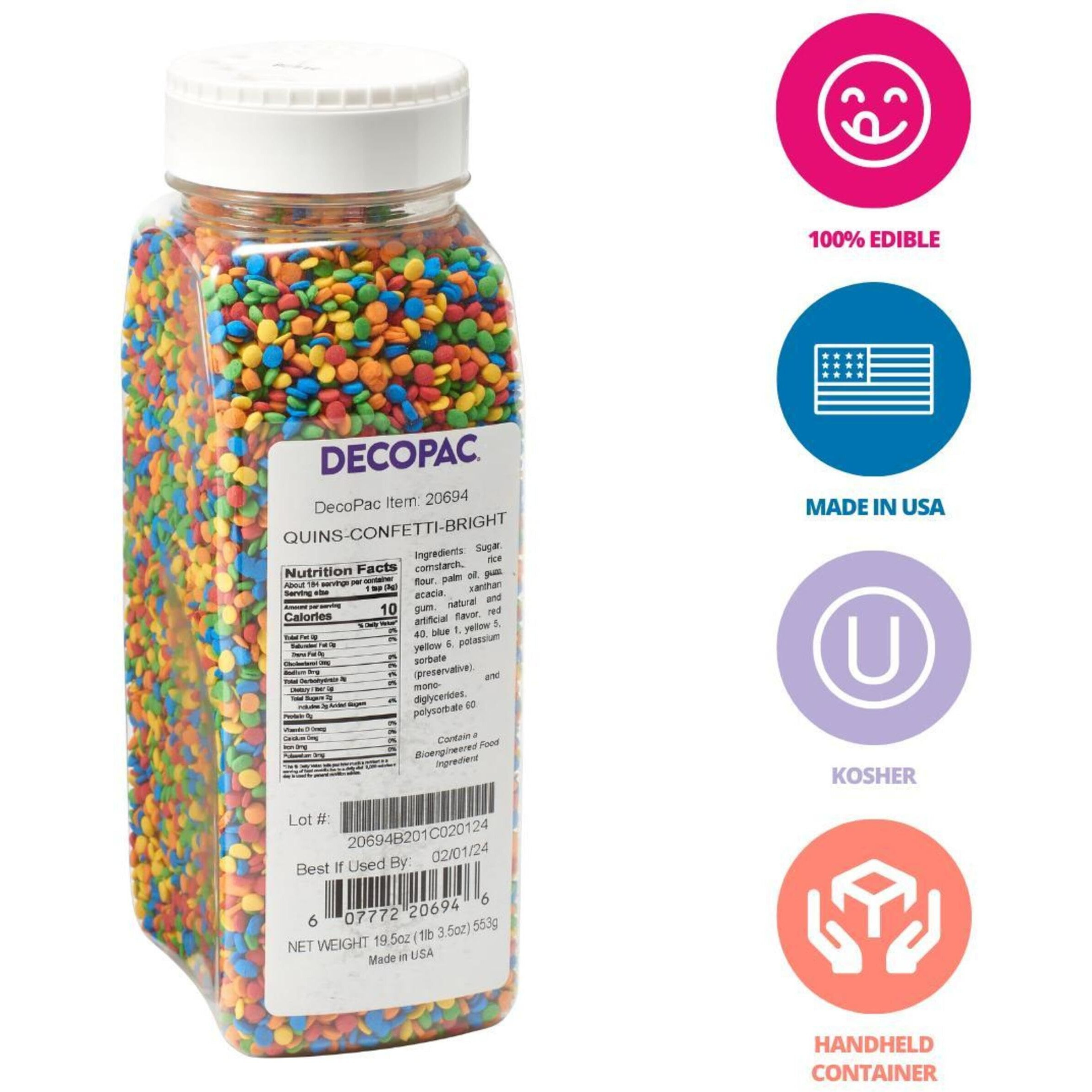 Decopac Quins Fancy Sprinkles, 19.5Oz, Candy Sprinkles In Handheld Container, Edible Sprinkles For Celebration Cakes, Cupcakes, Cookies - Bright Confetti Quins