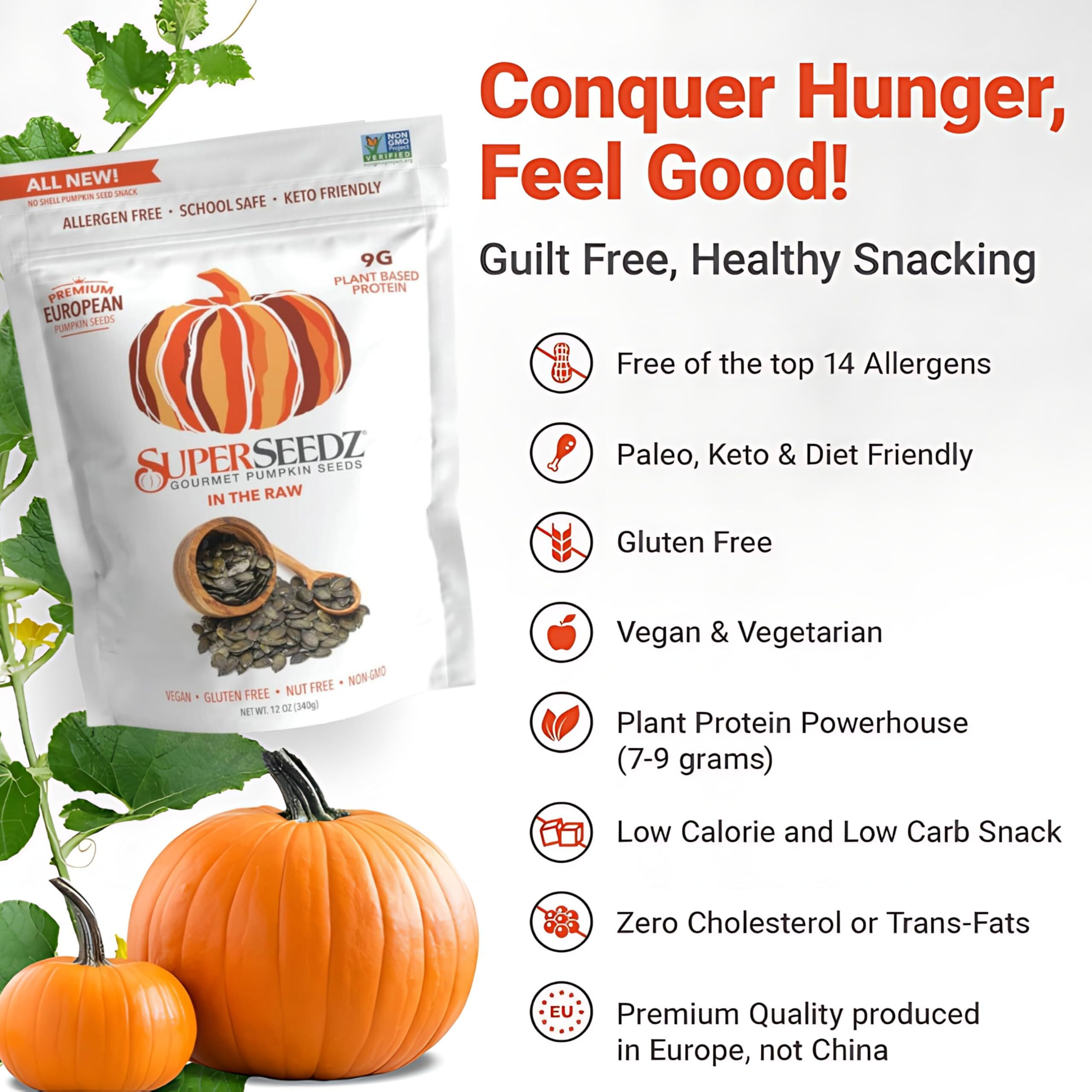 Superseedz Raw Pumpkin Seeds - Dry Roasted Pepitas, No Shell, Whole 30, Paleo, Vegan & Keto Friendly, 9G Plant Based Protein, Produced In Usa, Nut Free, Fresh Gluten Free Snack (12Oz)