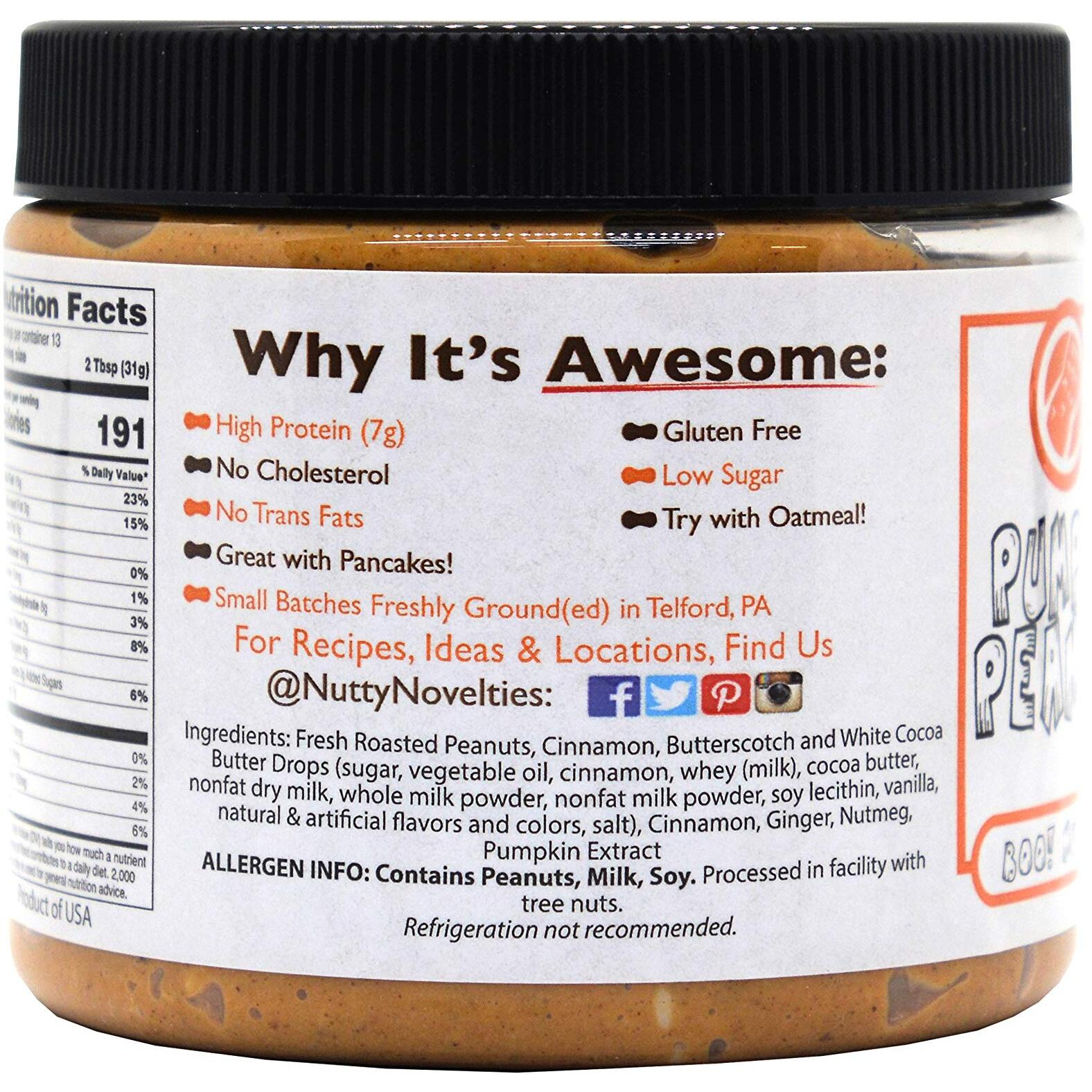 Nutty Novelties Fall Special Pumpkin Spice Peanut Butter - High Protein, Low Sugar Healthy Peanut Butter - Cholesterol-Free, All-Natural Peanut Butter - Creamy Peanut Butter - 15 Ounces