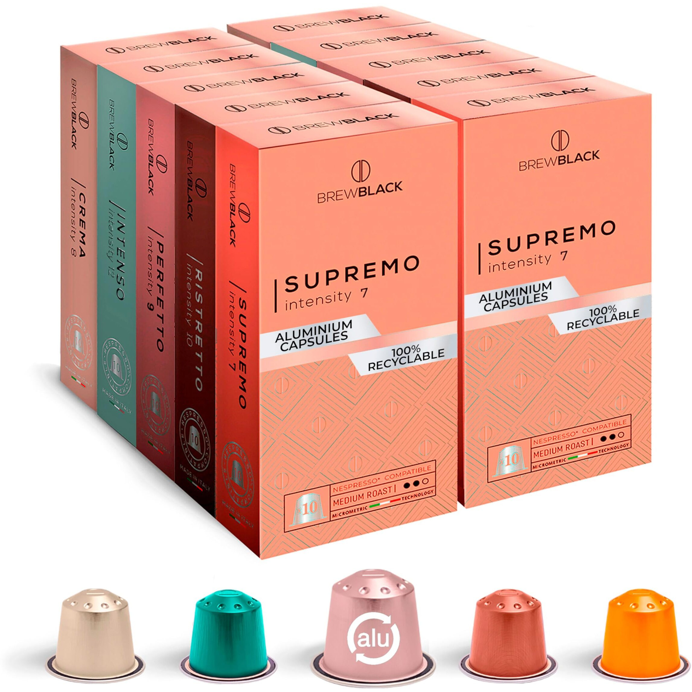 New Brewblack Aluminum Coffee Capsules - Nespresso* Original Line Compatible Pods Made In Italy (Variety Pack, 100 Pods)