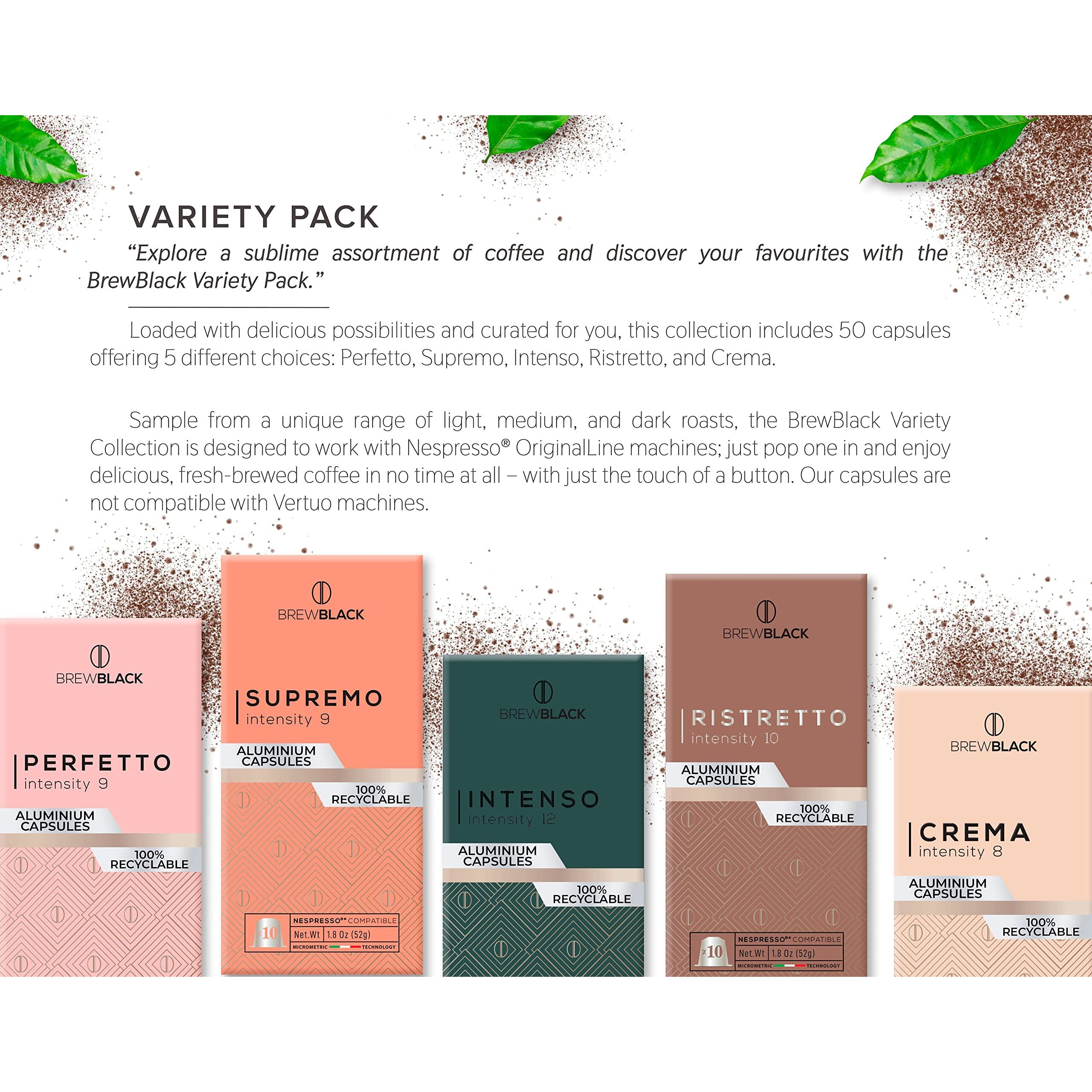 New Brewblack Aluminum Coffee Capsules - Nespresso* Original Line Compatible Pods Made In Italy (Variety Pack, 100 Pods)