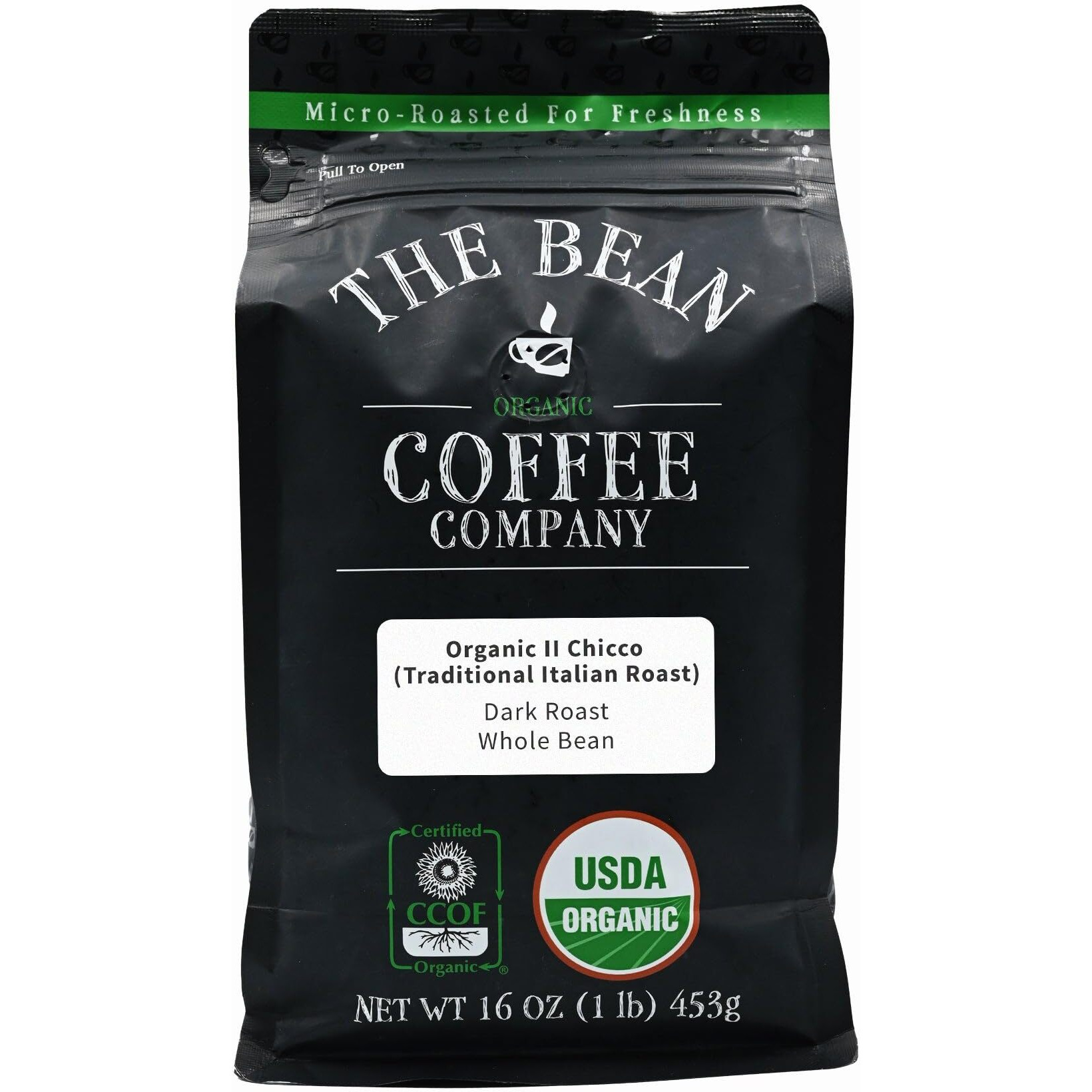 The Bean Organic Coffee Company Il Chicco (Traditional Italian Roast), Dark Roast, Whole Bean Coffee, 16-Ounce Bag