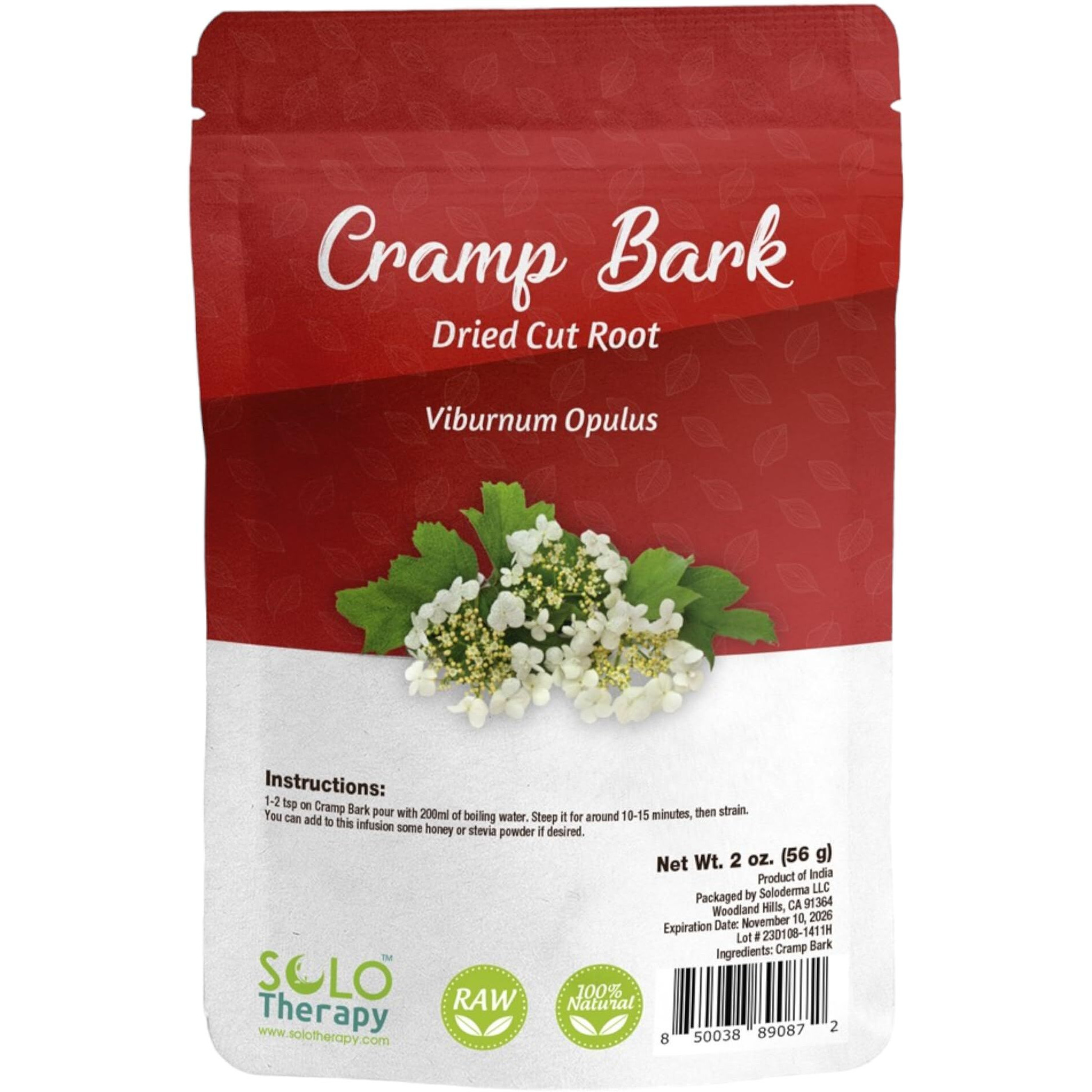 Cramp Bark Tea - 56 Grams - Cramp Bark Herb Cut And Sifted - Viburnum Opulus L Resealable Bag - 56 Grams - Premium Quality (Cramp Bark)