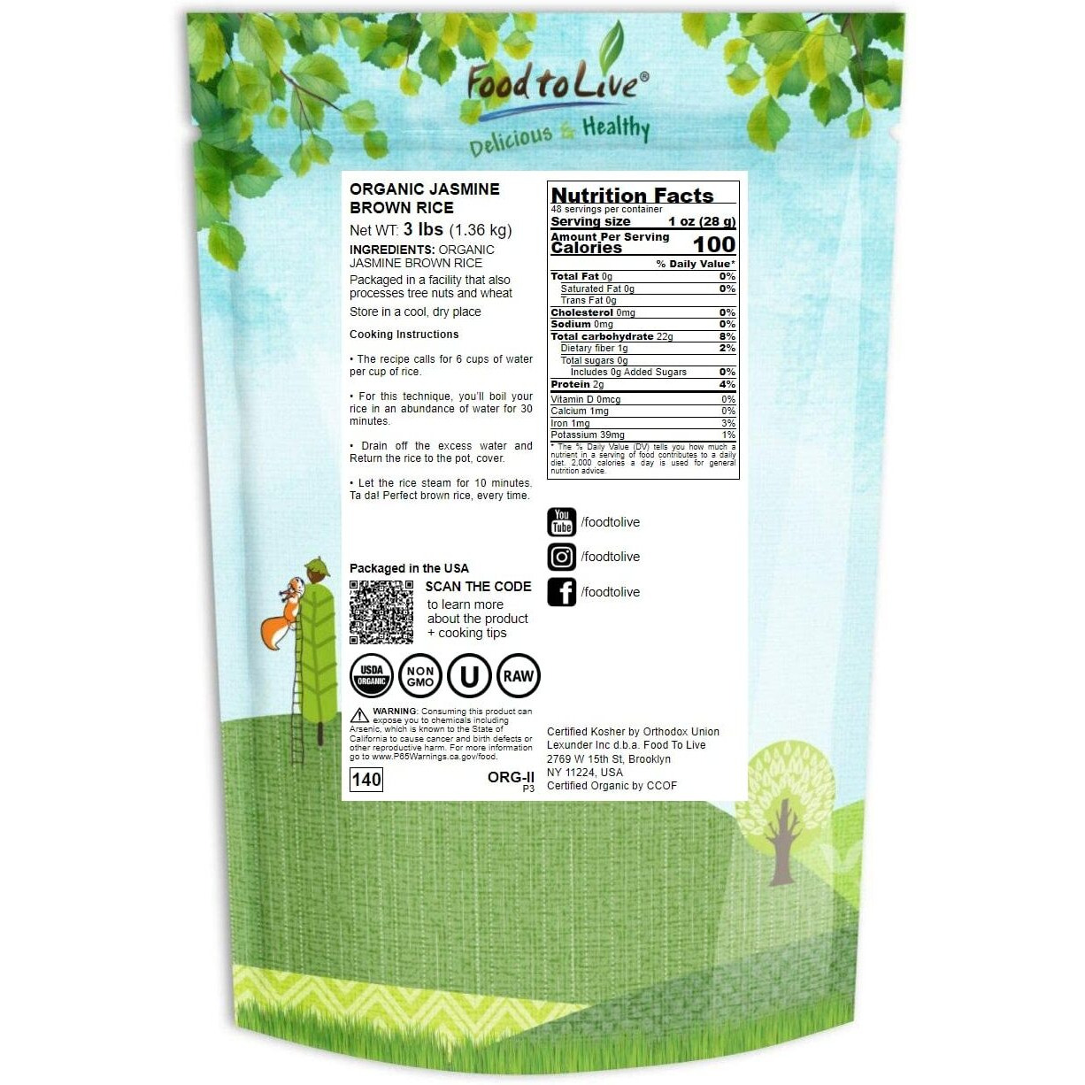 Food To Live Organic Brown Jasmine Rice, 3 Pounds - Non-Gmo, Whole-Grain Rice, Long-Grain Variety, Non-Irradiated, Kosher, Vegan. Rich In Fiber. Perfect For Curries, Pilafs, & Desserts