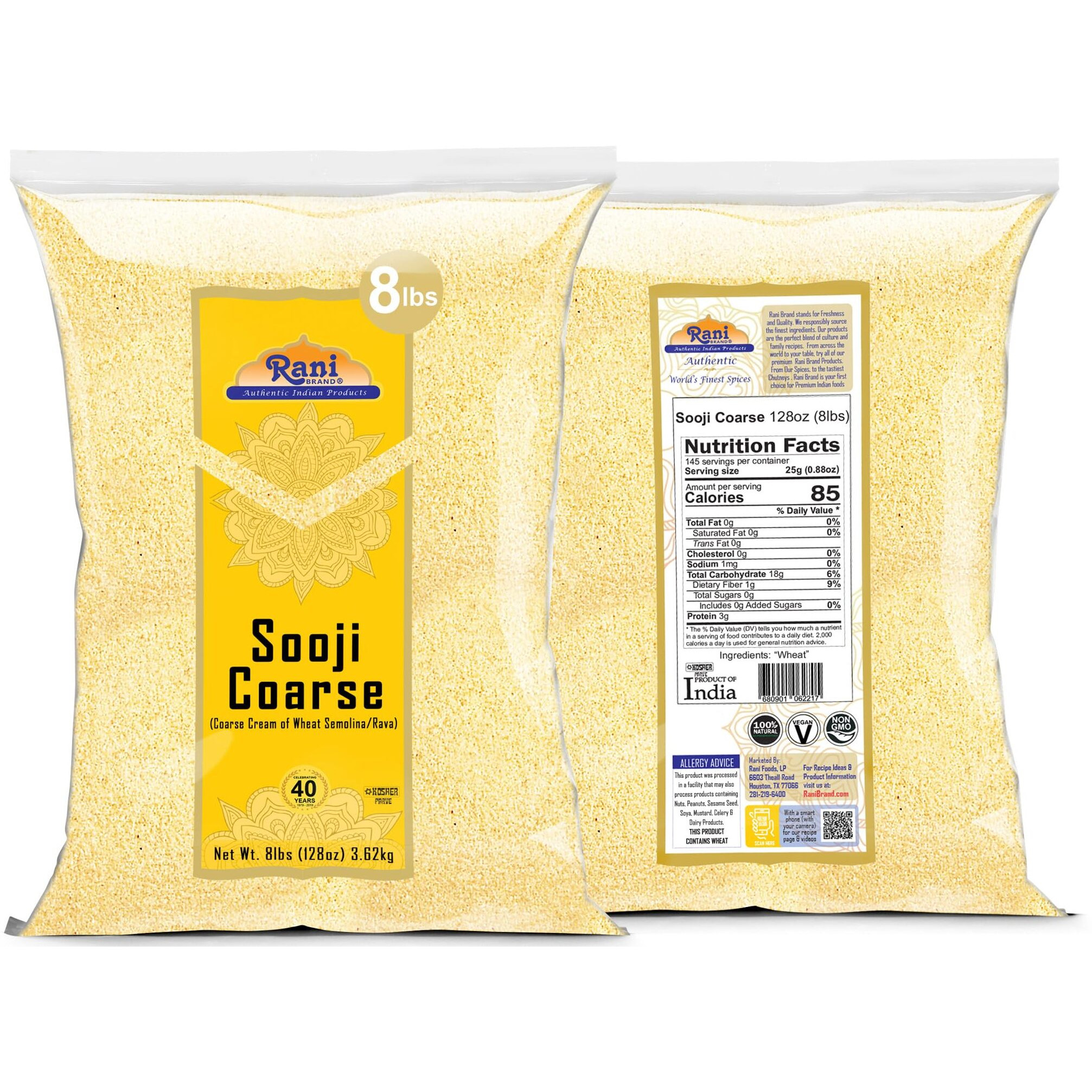 Rani Sooji Coarse (Farina, Suji, Rava, Rawa, Wheat Semolina) Flour 128Oz (8Lbs) 3.63Kg Bulk ~ All Natural | Vegan | Non-Gmo | Kosher | Indian Origin