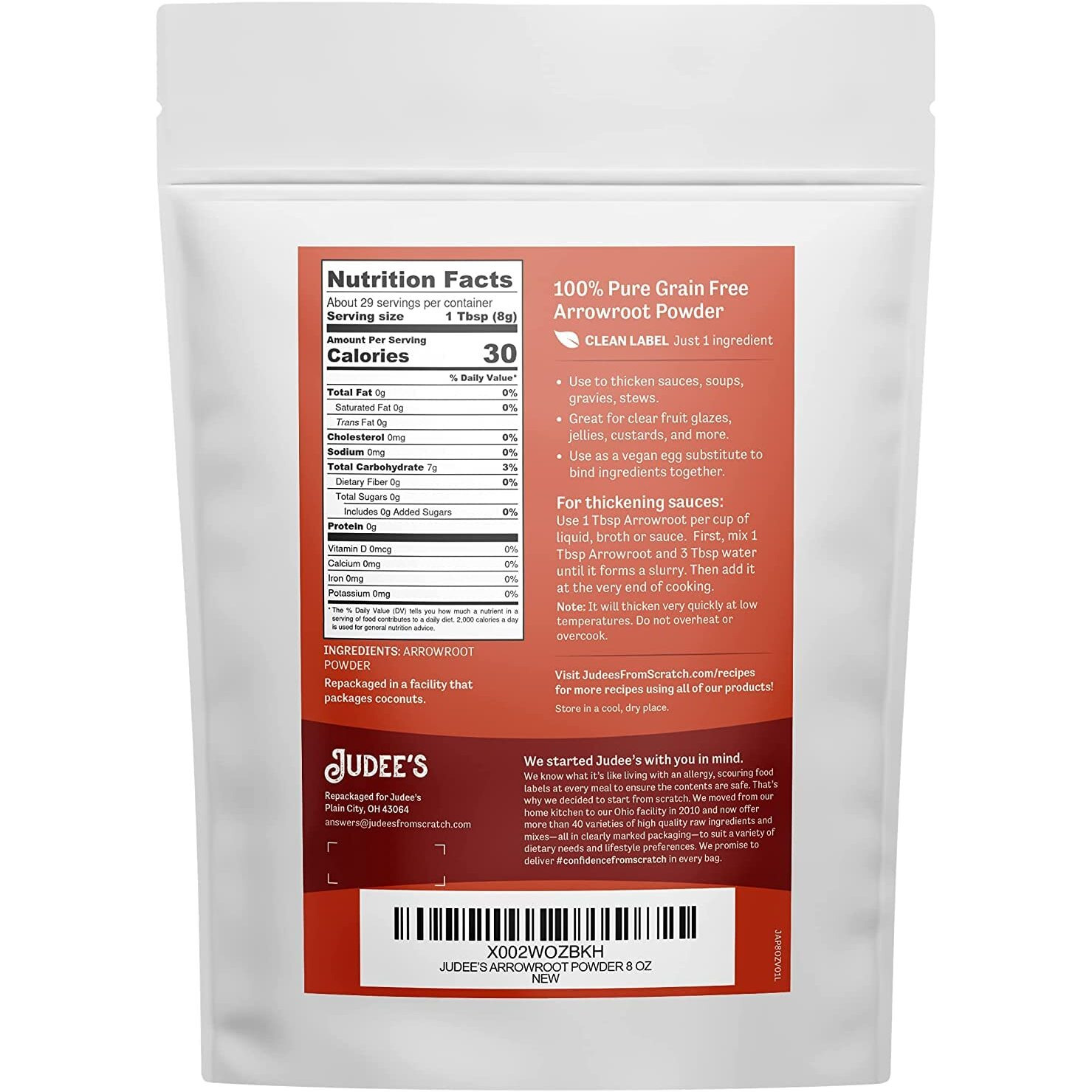 Judees Arrowroot Powder 8 Oz - Just One Ingredient - Vegan, Non-Gmo, Soy-Free - Gluten-Free And Nut-Free - 100% Pure Grain Free Starch - Great For Baking And Thickening - Works As Egg Substitute