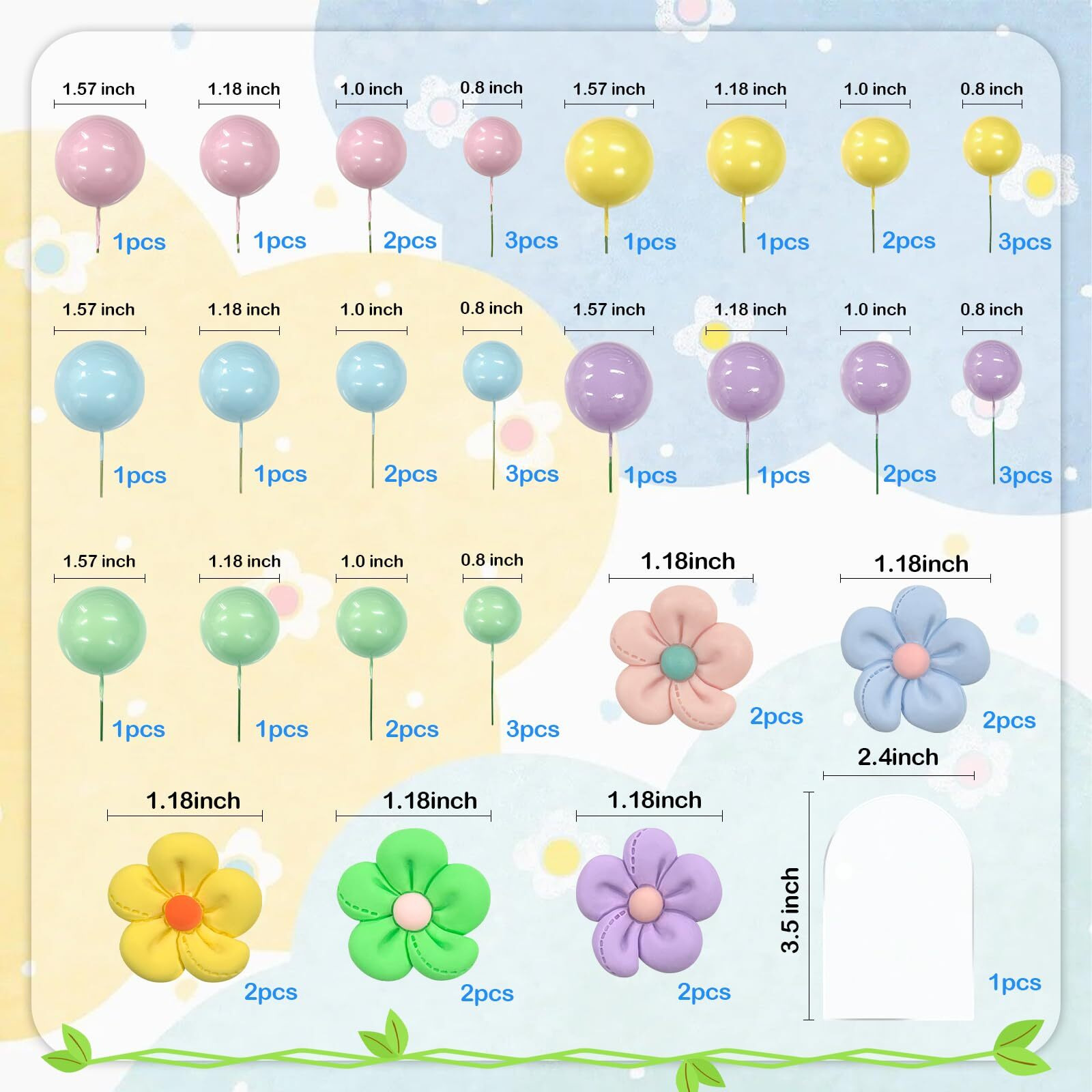 46Pcs Daisy Flower Cake Topper Mini Balls Cake Decorations Blue Pink Green Pearl Ball Cake Topper Cupcake Toppers Ball Cake Picks Diy Cake Insert Toppers For Birthday Baby Shower Wedding Party