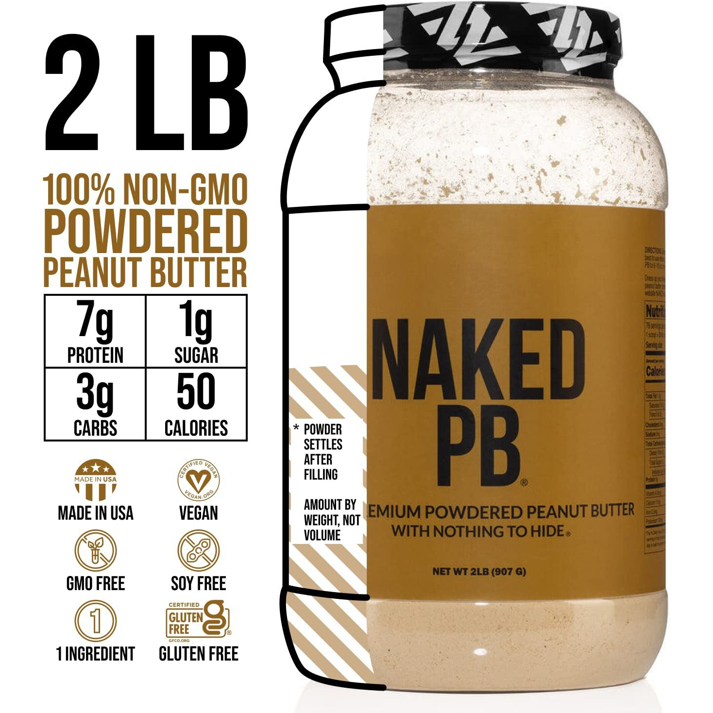 2 Lb Powdered Peanut Butter From Us Farms - Bulk, Only 1 Ingredient - Roasted Peanuts, Vegan, No Additives, Preservative Free, No Salt, No Sugar - 76 Servings - Naked Pb
