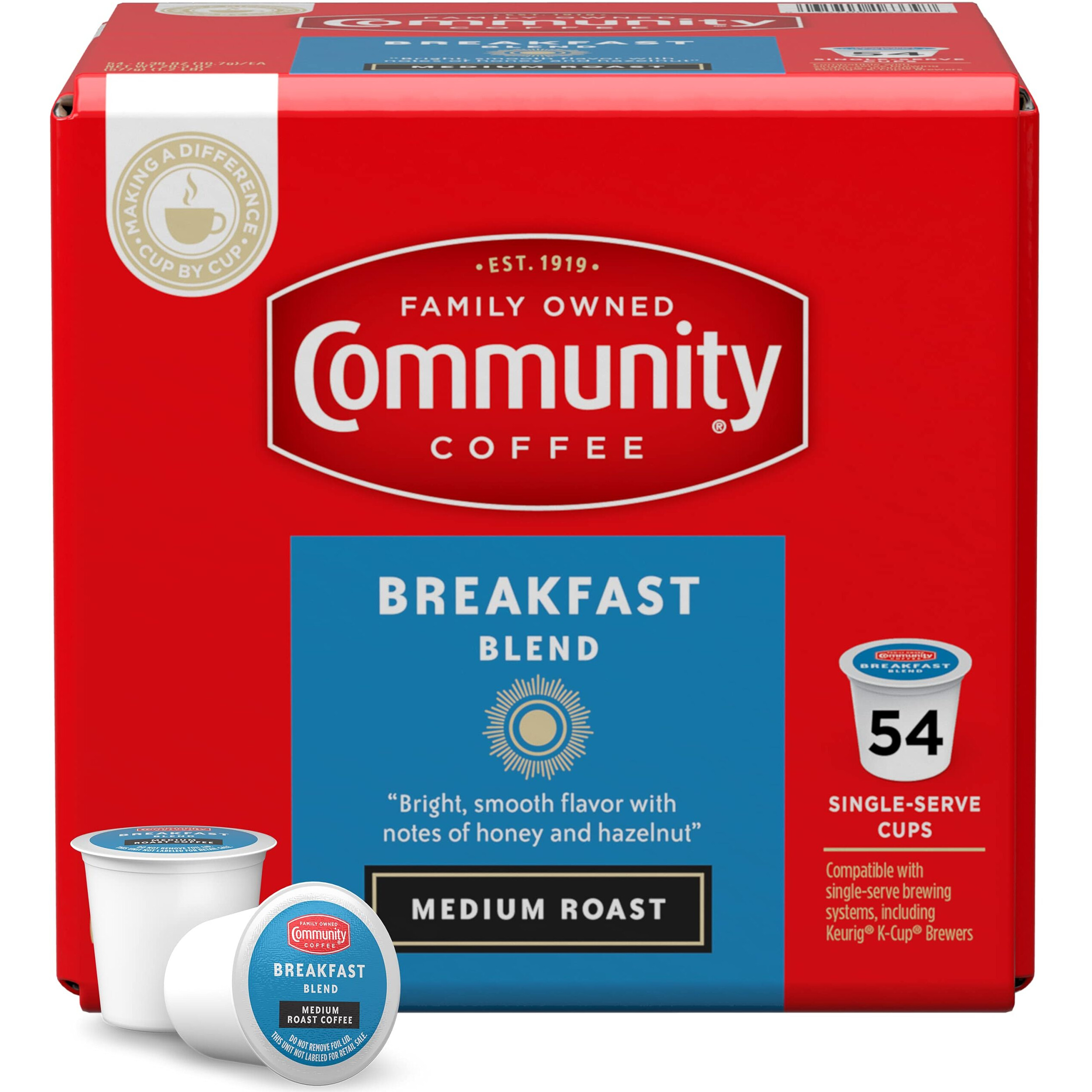 Community Coffee Breakfast Blend 54 Count Coffee Pods, Medium Roast, Compatible With Keurig 2.0 K-Cup Brewers, 1 Box Of 54 Pods