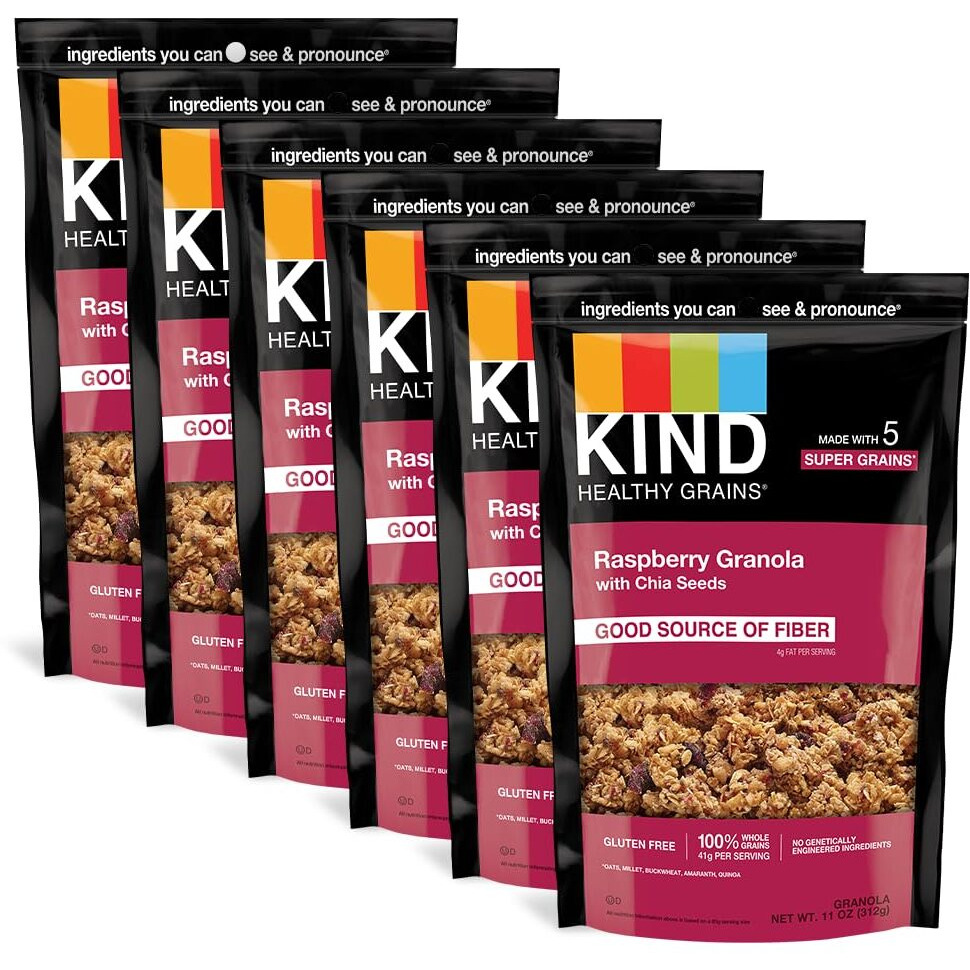 Kind Healthy Grains Granola, Healthy Snack, Raspberry Granola With Chia Seeds, Snack Mix 11 Oz (6 Pack)