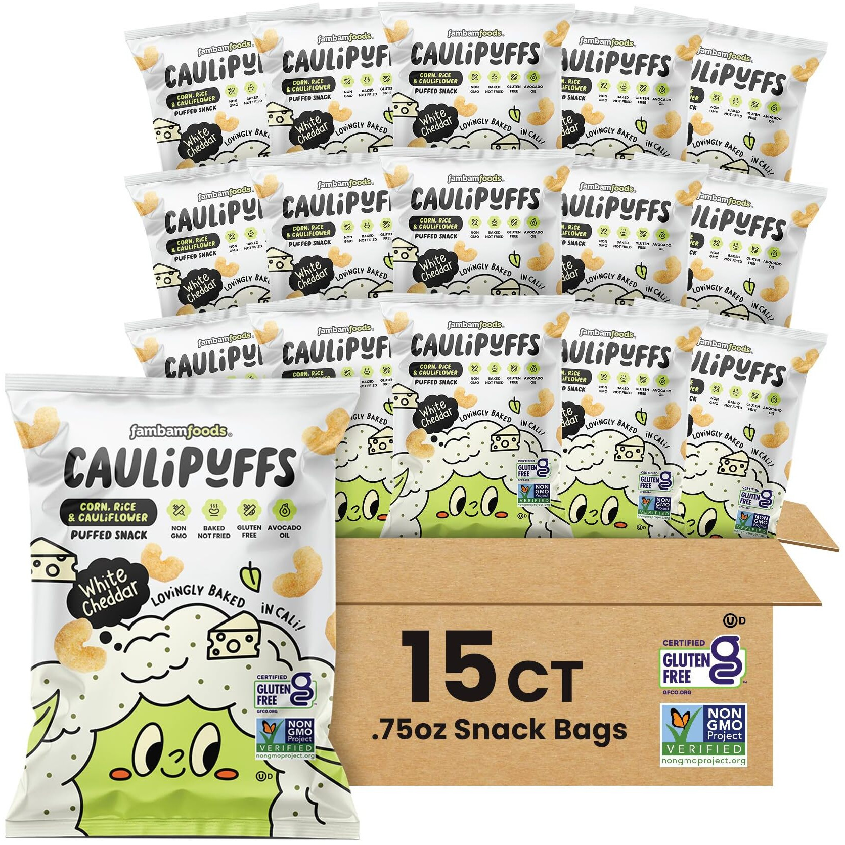 White Cheddar Caulipuffs - Corn, Rice, And Cauliflower Gluten Free Puffed Snack (Box Of 15, 0.75Oz Bags)