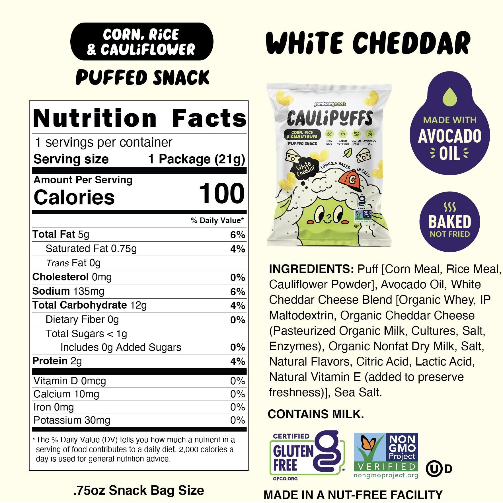 White Cheddar Caulipuffs - Corn, Rice, And Cauliflower Gluten Free Puffed Snack (Box Of 15, 0.75Oz Bags)
