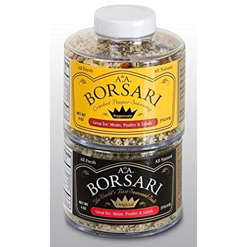 Borsari Seasoned Salt Combo - Multi-Use All Purpose Original And Cracked Pepper Seasonings - Gourmet Sea Salt Blends With Herbs And Spices - Gluten Free - Set Of 2, 3-4 Oz Shaker Bottles