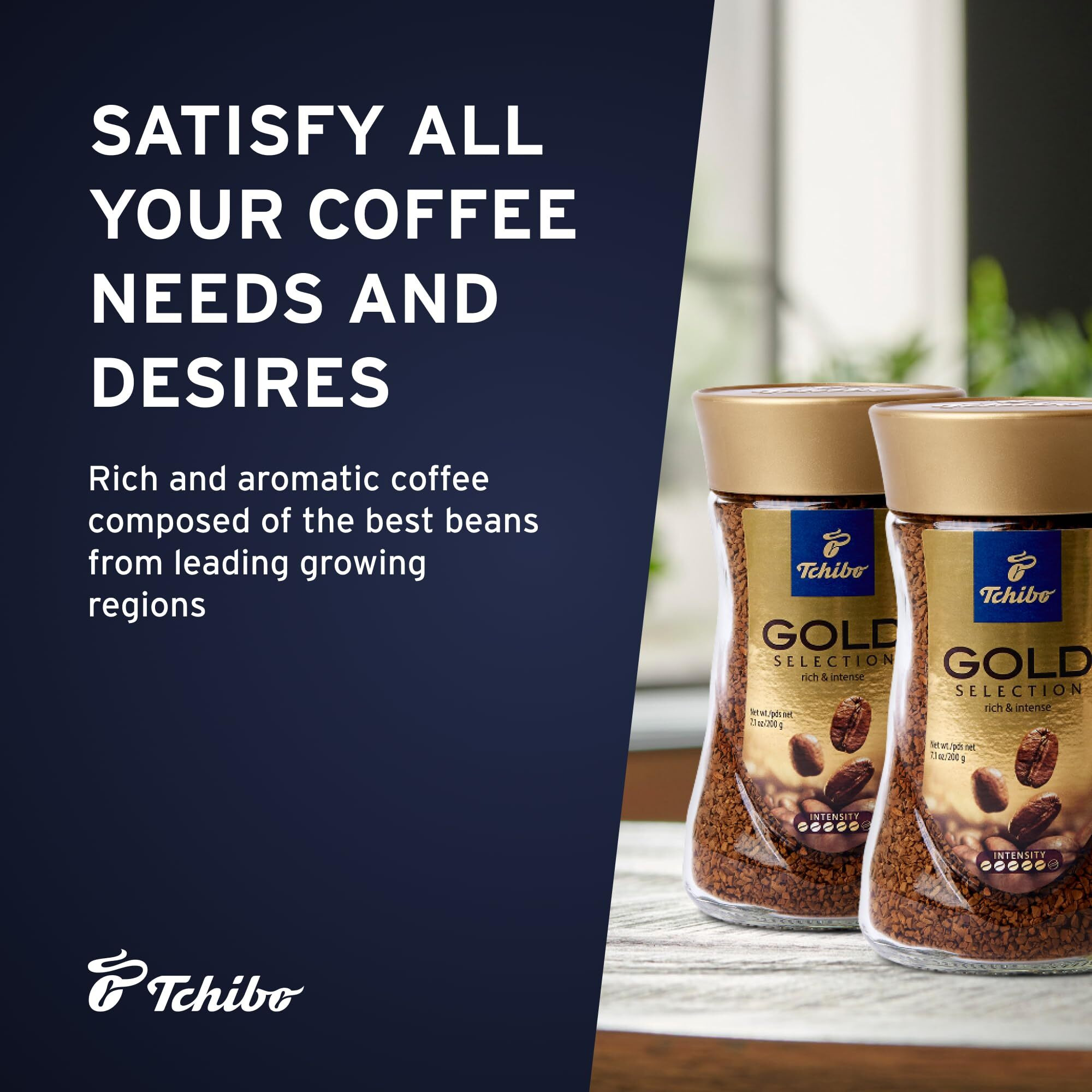 Tchibo Instant Coffee - Gold Selection - Made Of Dark-Roasted Robusta Beans For A Rich Taste And Intense Aroma - 5/6 Intensity, 1/6 Acidity, 5/6 Roast Level - 2 X 7.05 Oz