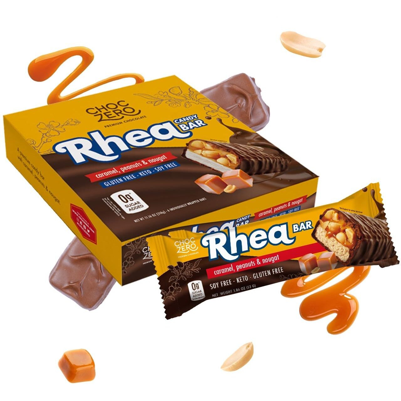 Choczero Milk Chocolate Peanut & Caramel Nougat Candy Bar, Zero Sugar Added, High Fiber, Full Size Rhea Bars (6 Per Box)