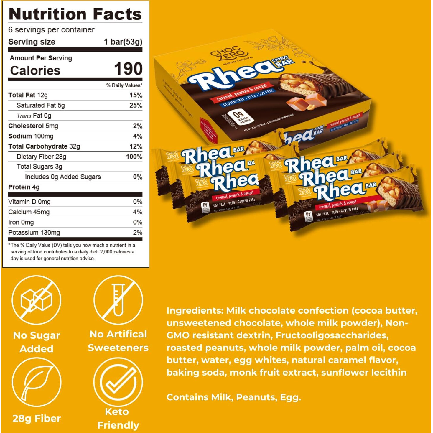 Choczero Milk Chocolate Peanut & Caramel Nougat Candy Bar, Zero Sugar Added, High Fiber, Full Size Rhea Bars (6 Per Box)